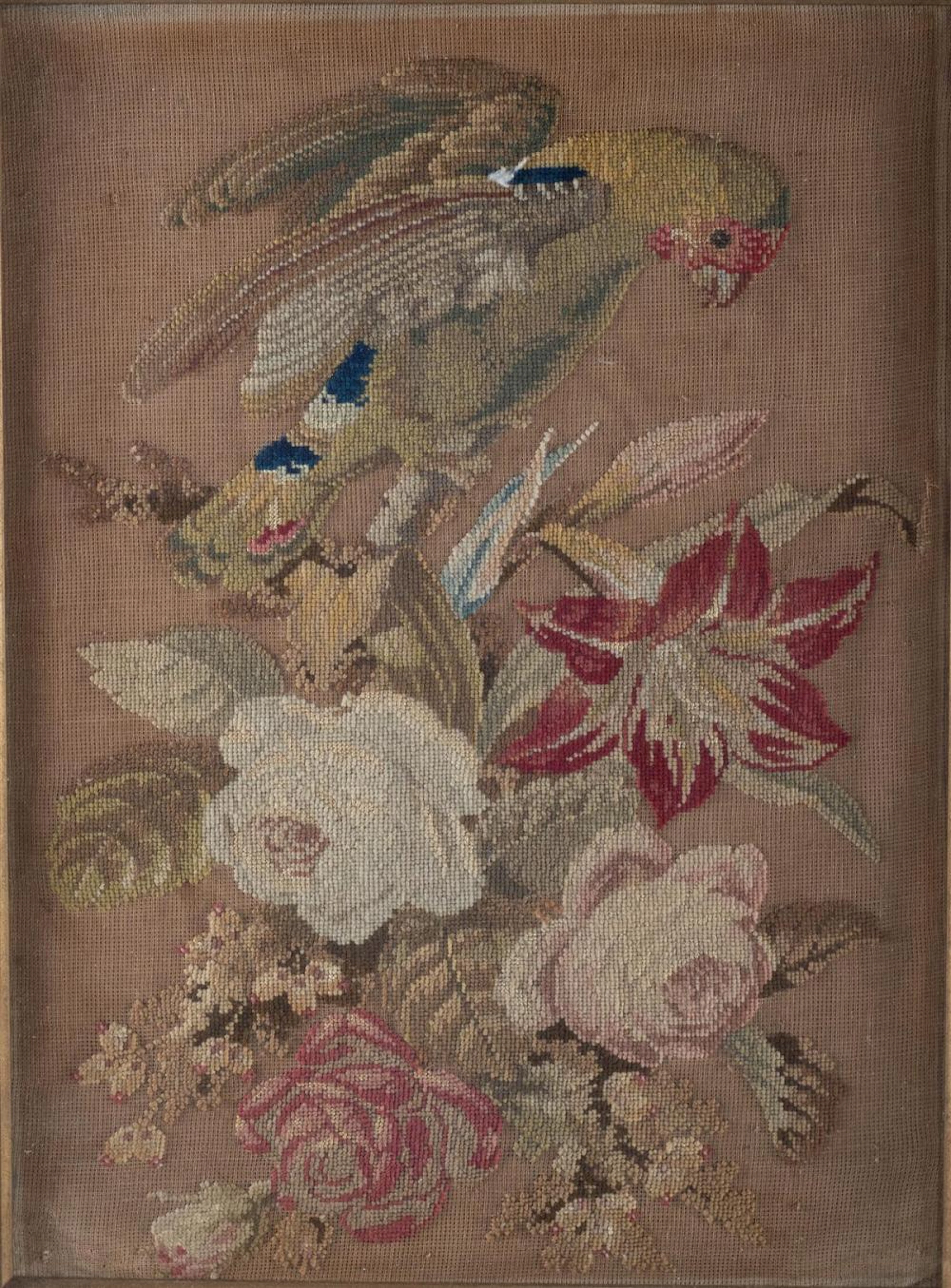 VICTORIAN NEEDLEWORK CANVAS OF A PARROT AMIDST FLOWERS