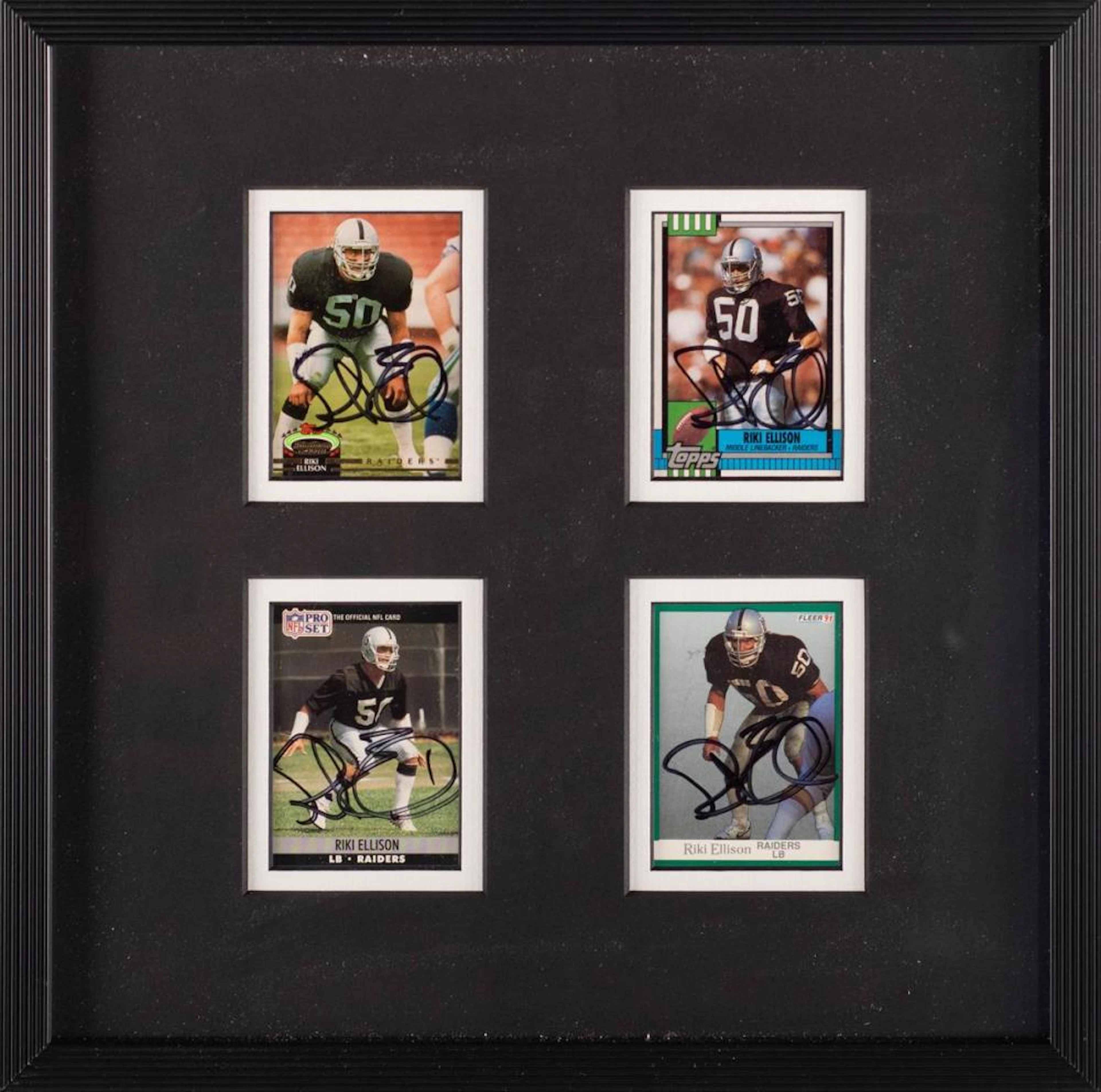 FOUR SIGNED RICKY ELLISON LOS ANGELES RAIDERS YEARS FOOTBALL CARDS, FRAMED