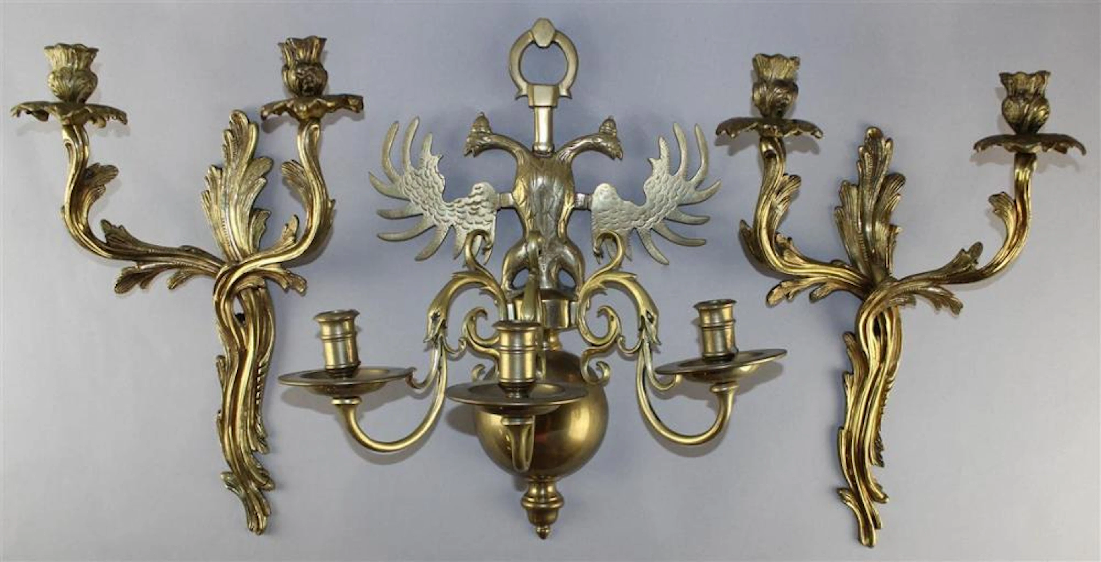 MAITLAND-SMITH BRASS DOUBLE-HEADED EAGLE THREE-LIGHT SCONCE AND A PAIR OF LOUIS XV STYLE BRASS TWO-LIGHT SCONCES