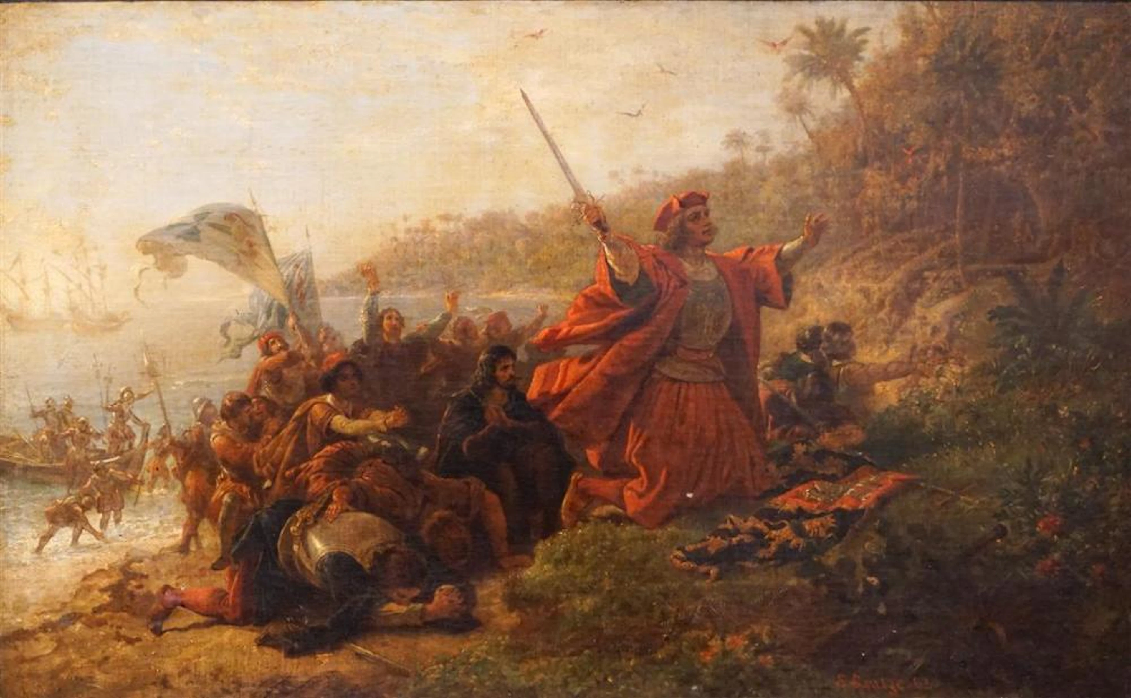 EMANUEL GOTTLIEB LEUTZE (AMERICAN, 1816-1868) COLUMBUS, 1863 Oil on canvas: 24 1/2 x 39 1/2 in.