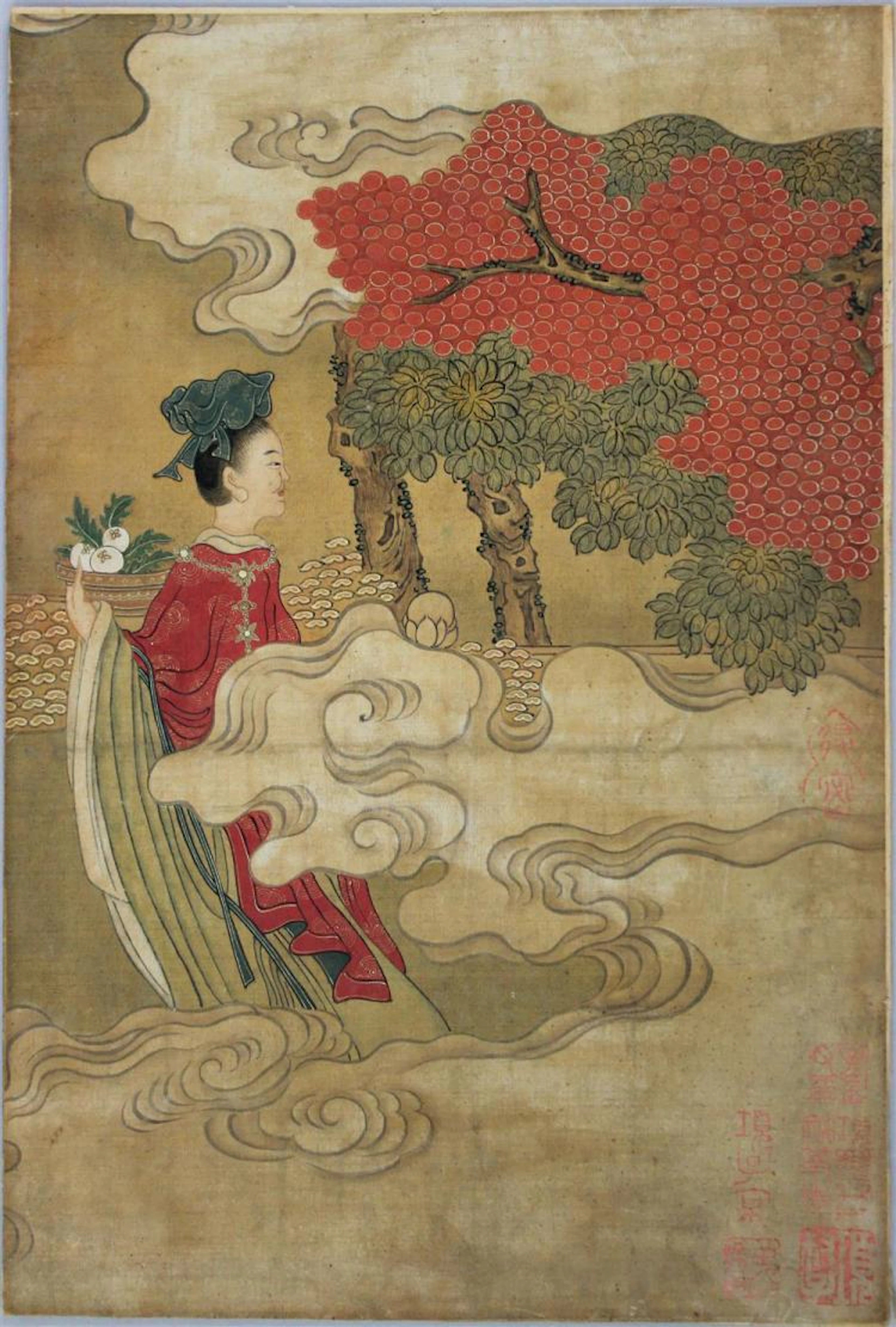 MING STYLE FINE FIGURE PAINTING - WOMAN CARRYING FRUIT Watercolor and ink on silk: 13 1/2 x 9 in.