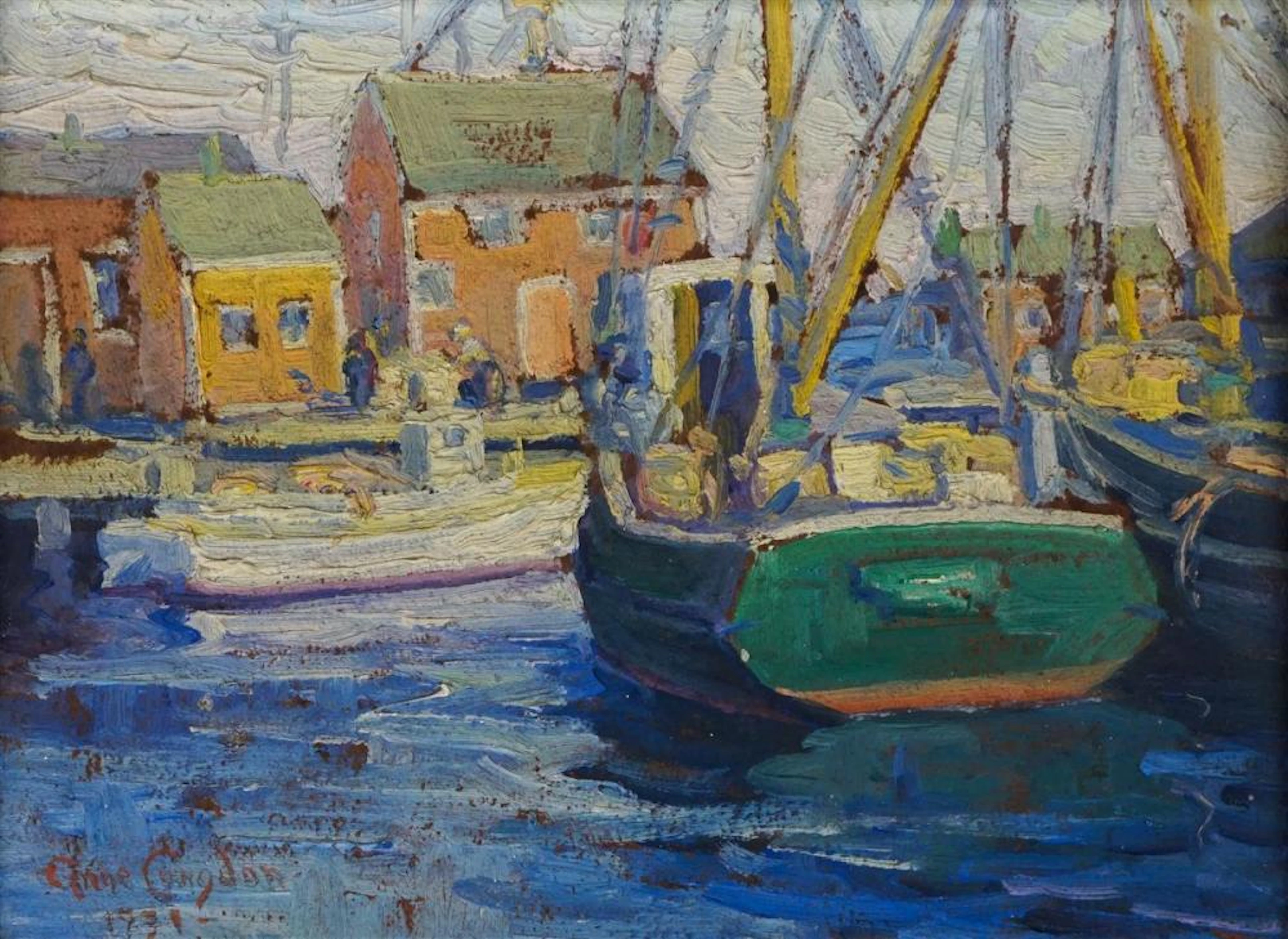 ANNE RAMSDELL CONGDON (AMERICAN, 1873-1958) COMMERCIAL WHARF NANTUCKET, MASSACHUSETTS, 1931 Oil on board: 7 x 9 1/2 in.