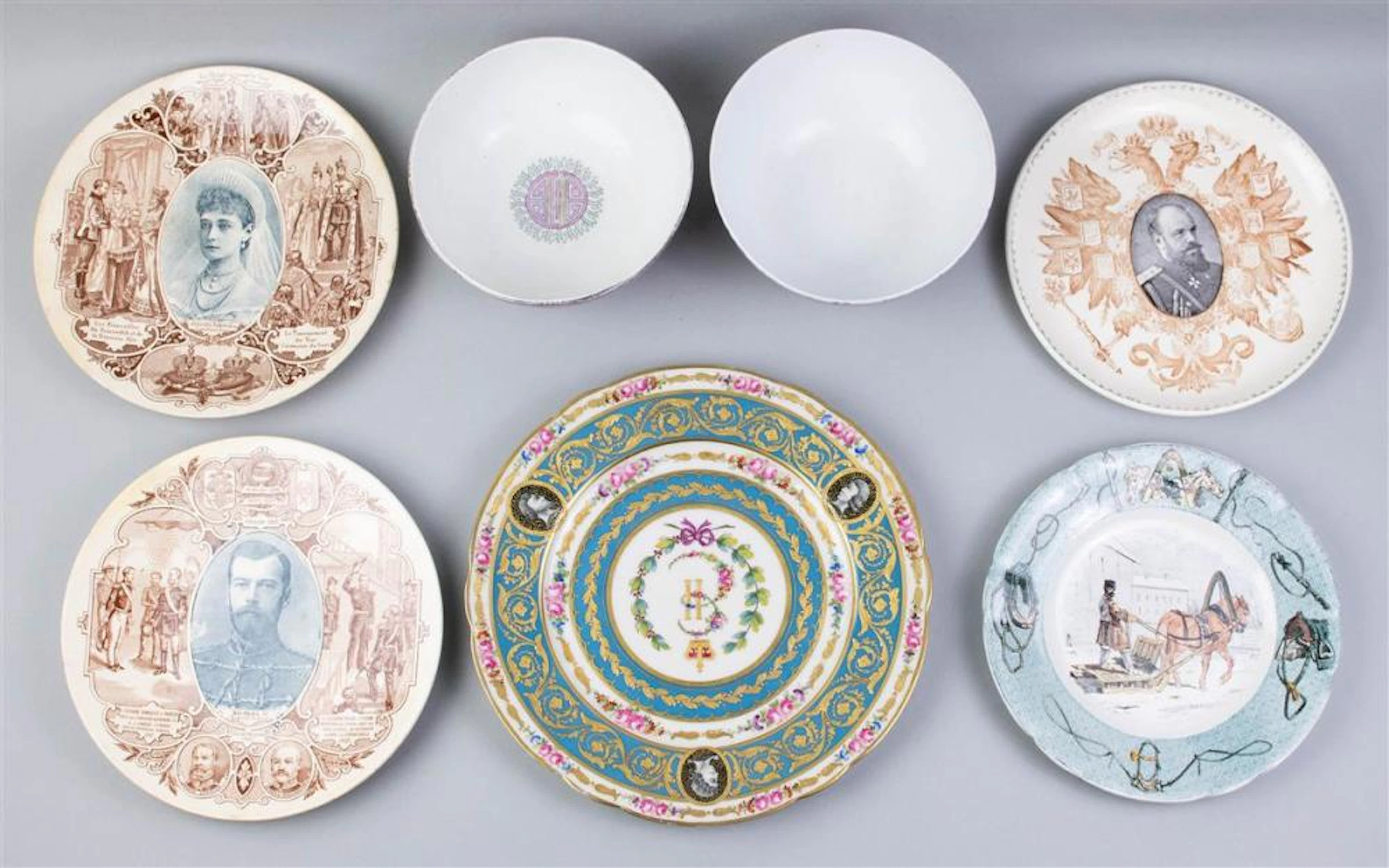 COLLECTION OF RUSSIAN MARKET AND REPRODUCTION RUSSIAN PLATES AND TWO GARDNER PORCELAIN BOWLS FOR THE PERSIAN MARKET, 19TH CENTURY