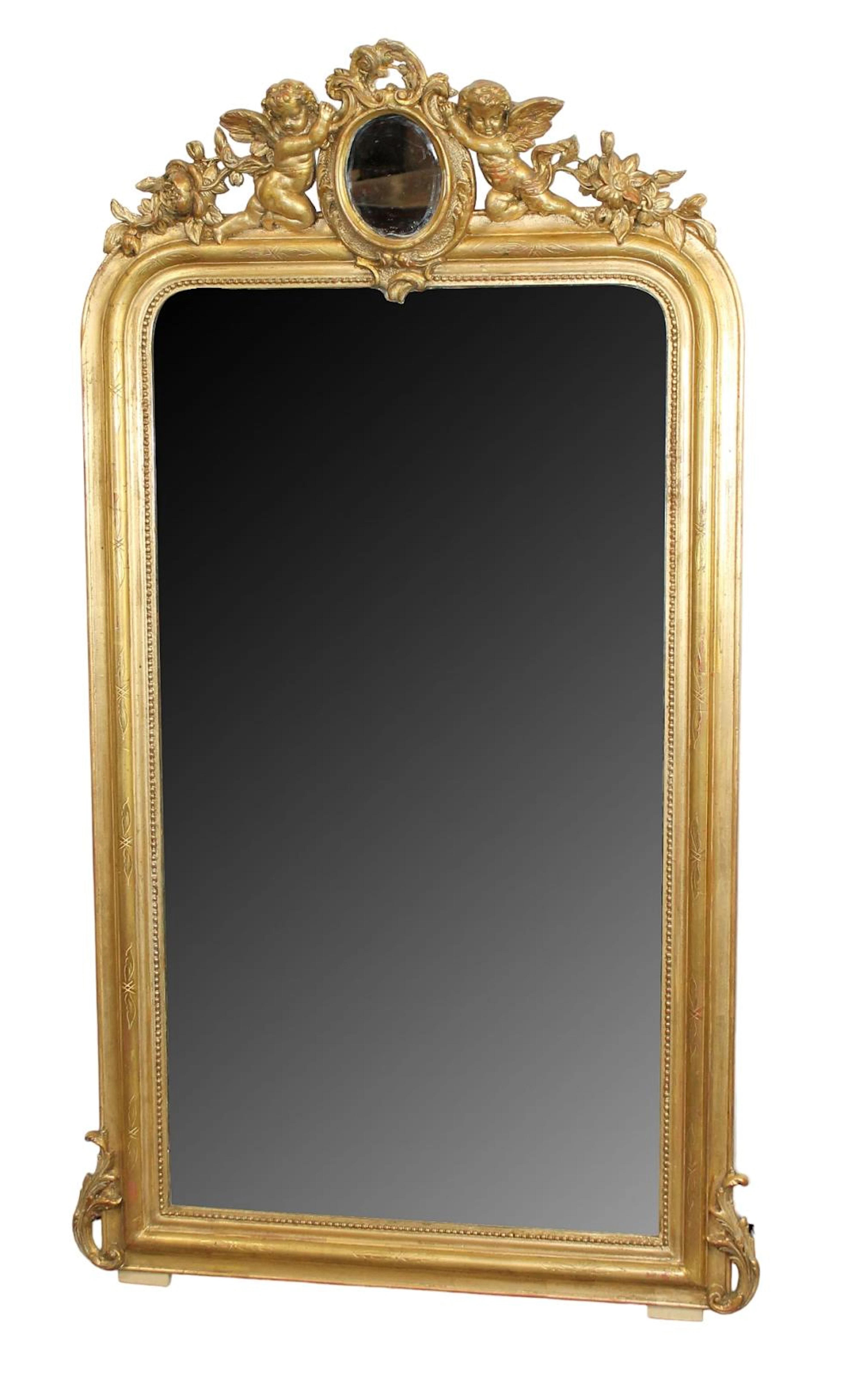 French Louis Philippe transitional gilt mirror with cherub crest