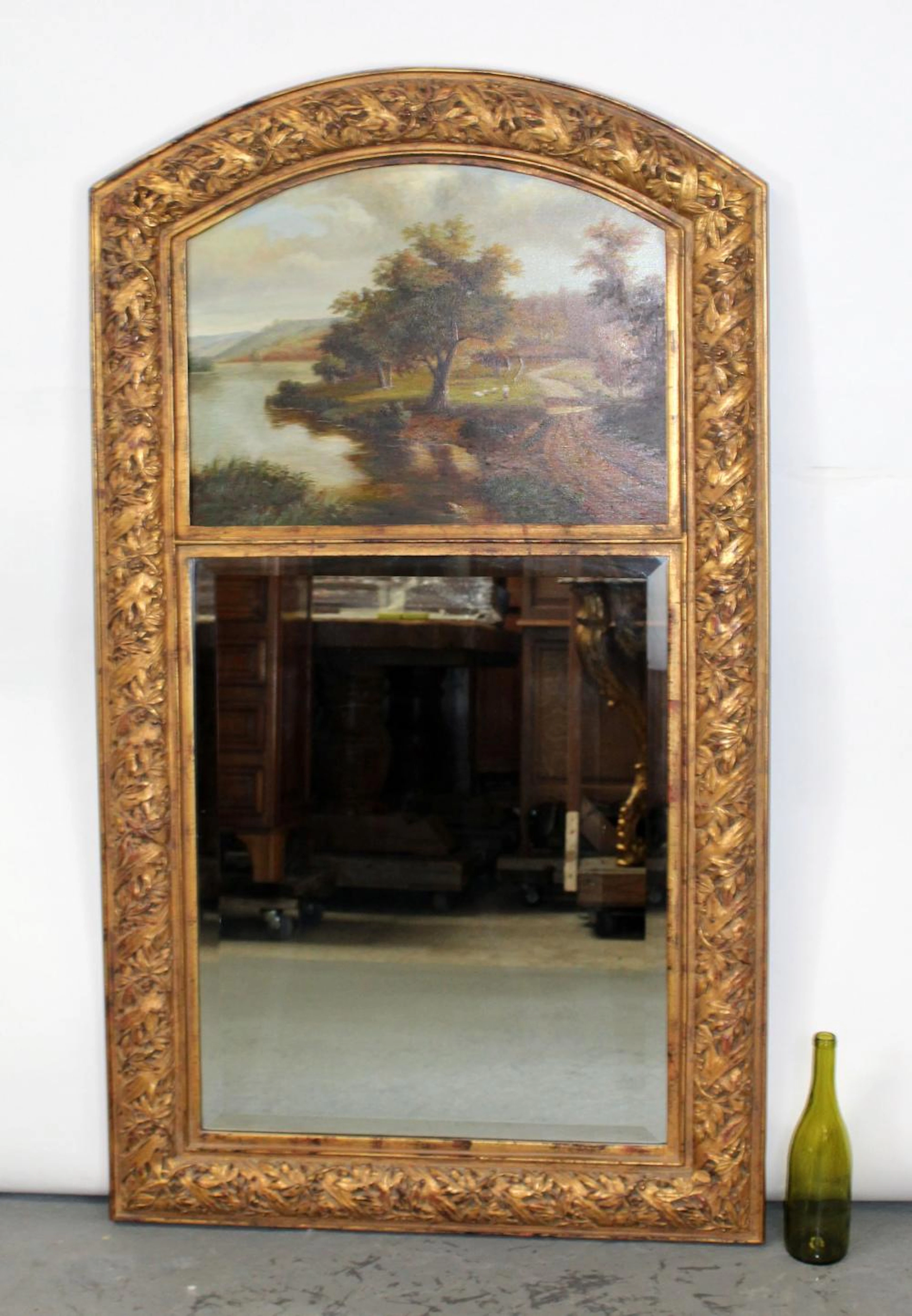 Arch top trumeau mirror with painted Tuscan scene