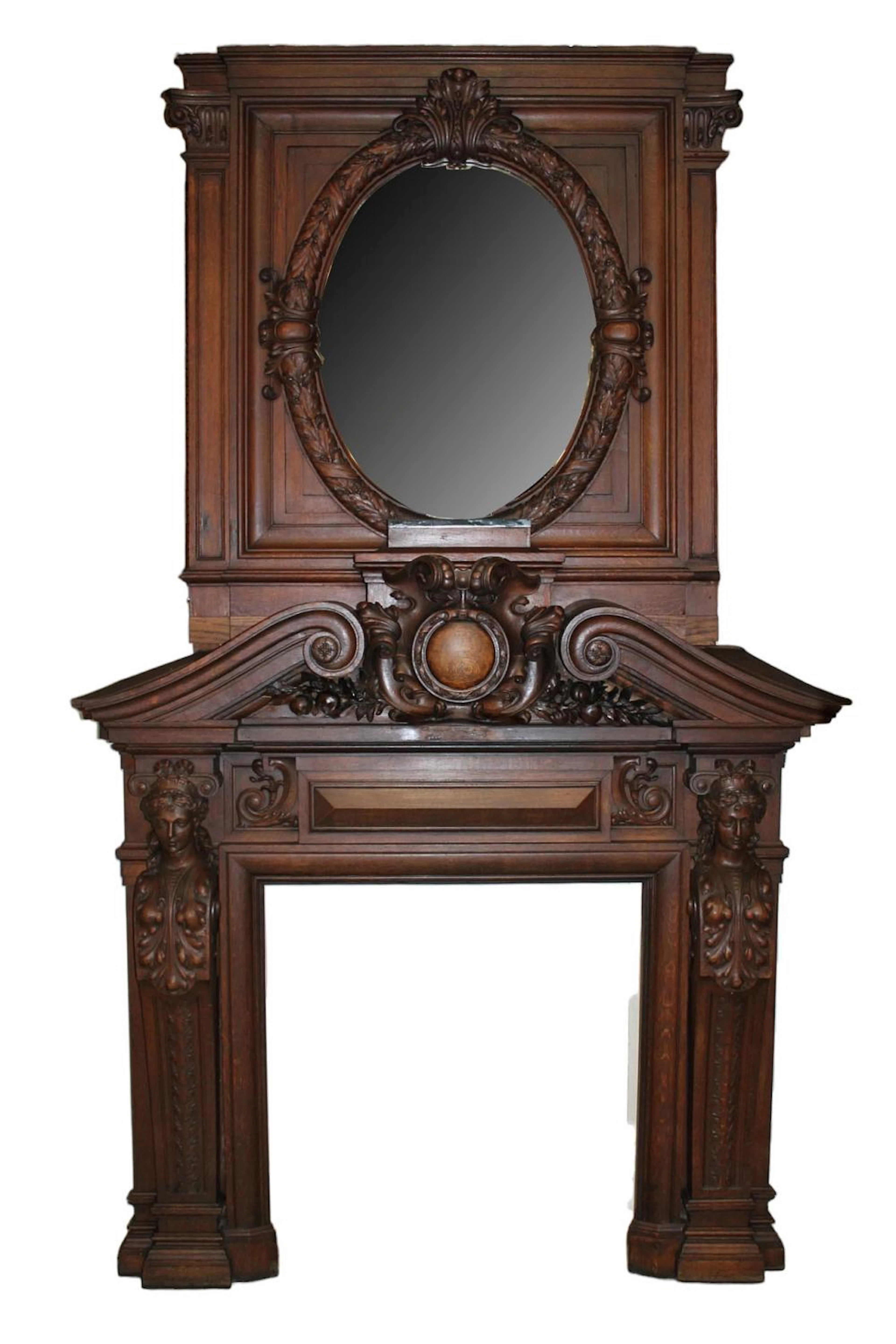 Grand Scale French Renaissance fireplace mantel with figural caryatids