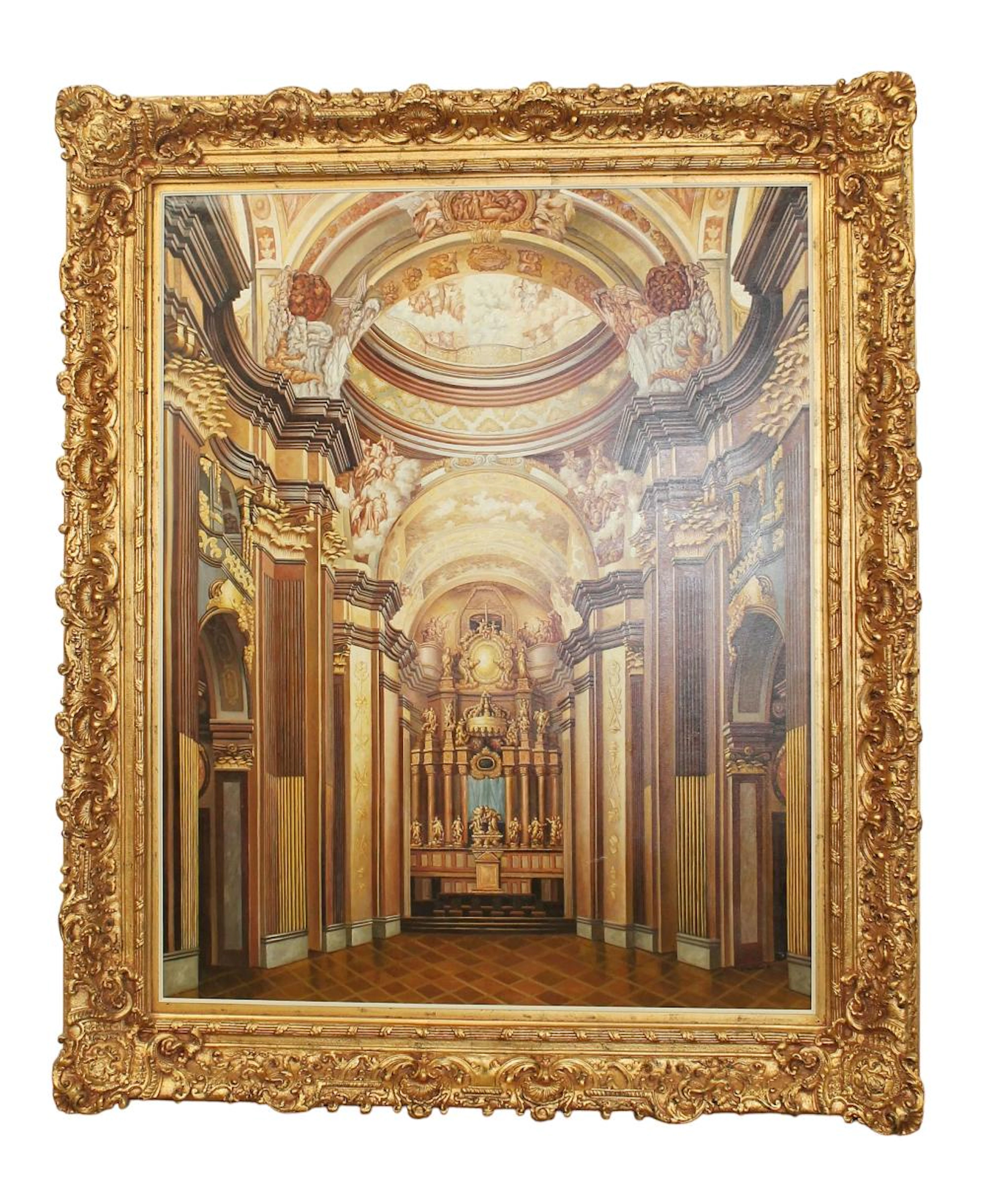 Grand scale oil on canvas painting depicting the Sistine Chapel