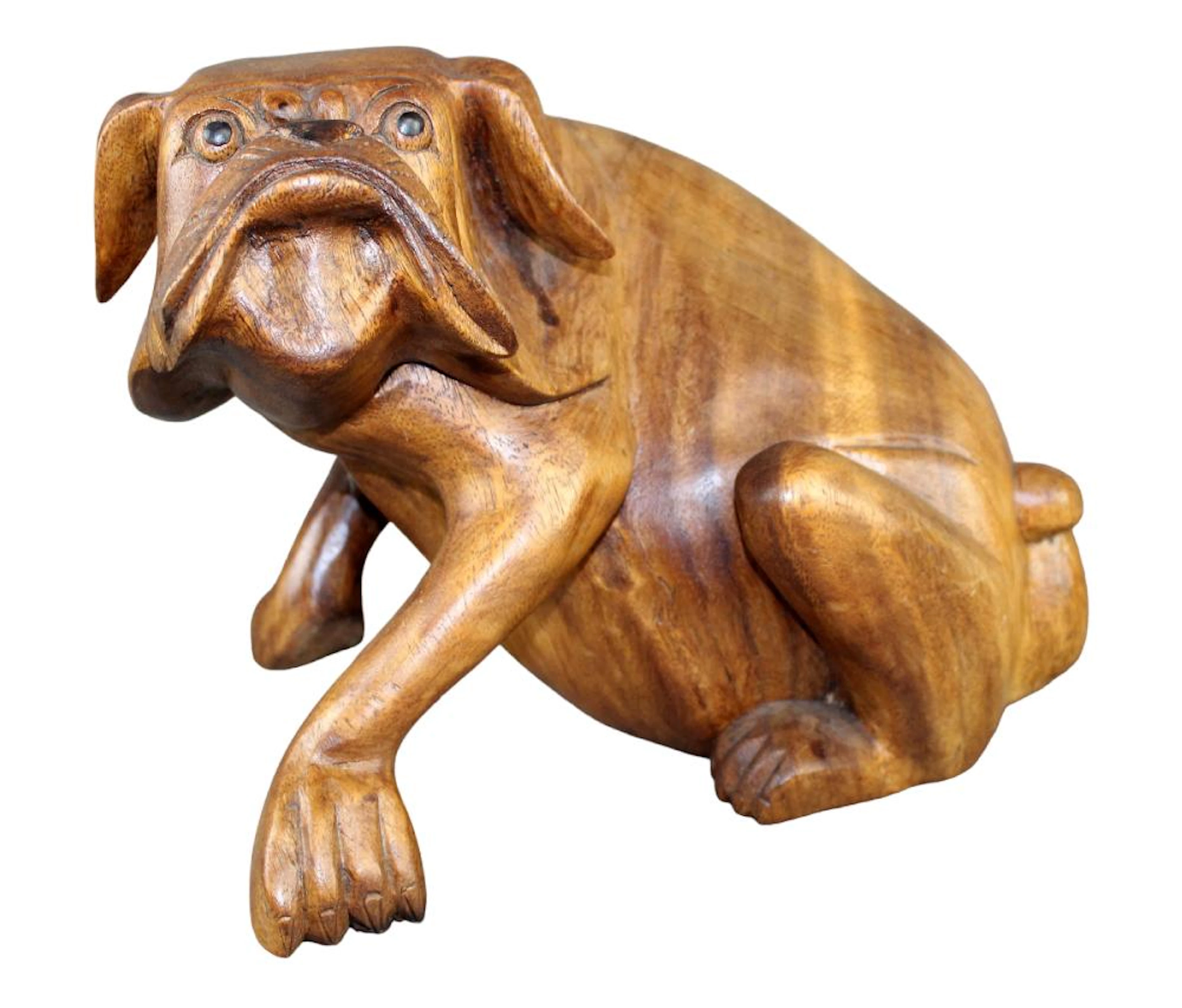 Carved teak sculpture of a bulldog