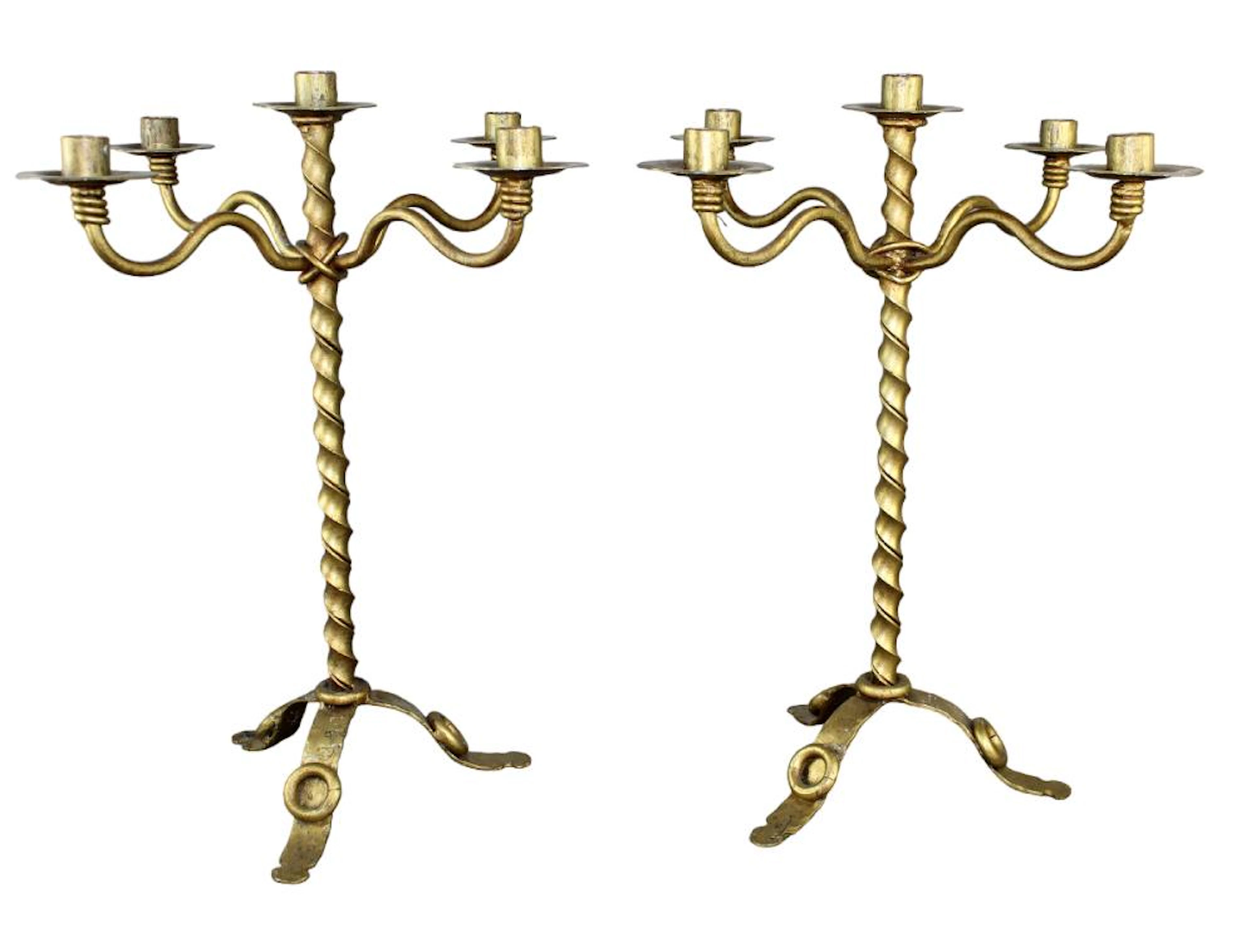 Pair of French Raymond Subes style 5-arm gilt metal twisted candelabra