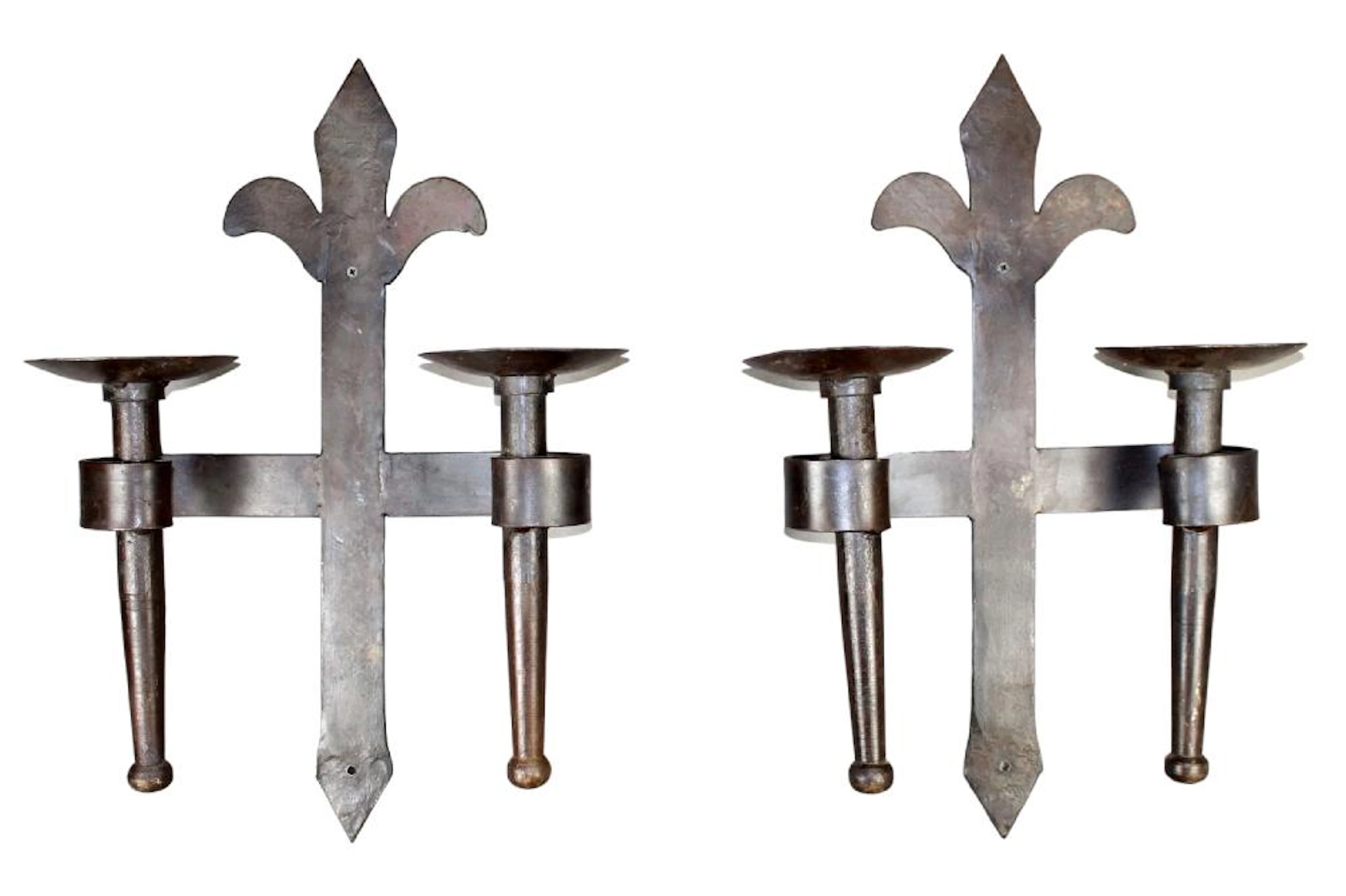 Pair of French Gothic Revival forged iron 2-arm wall sconces