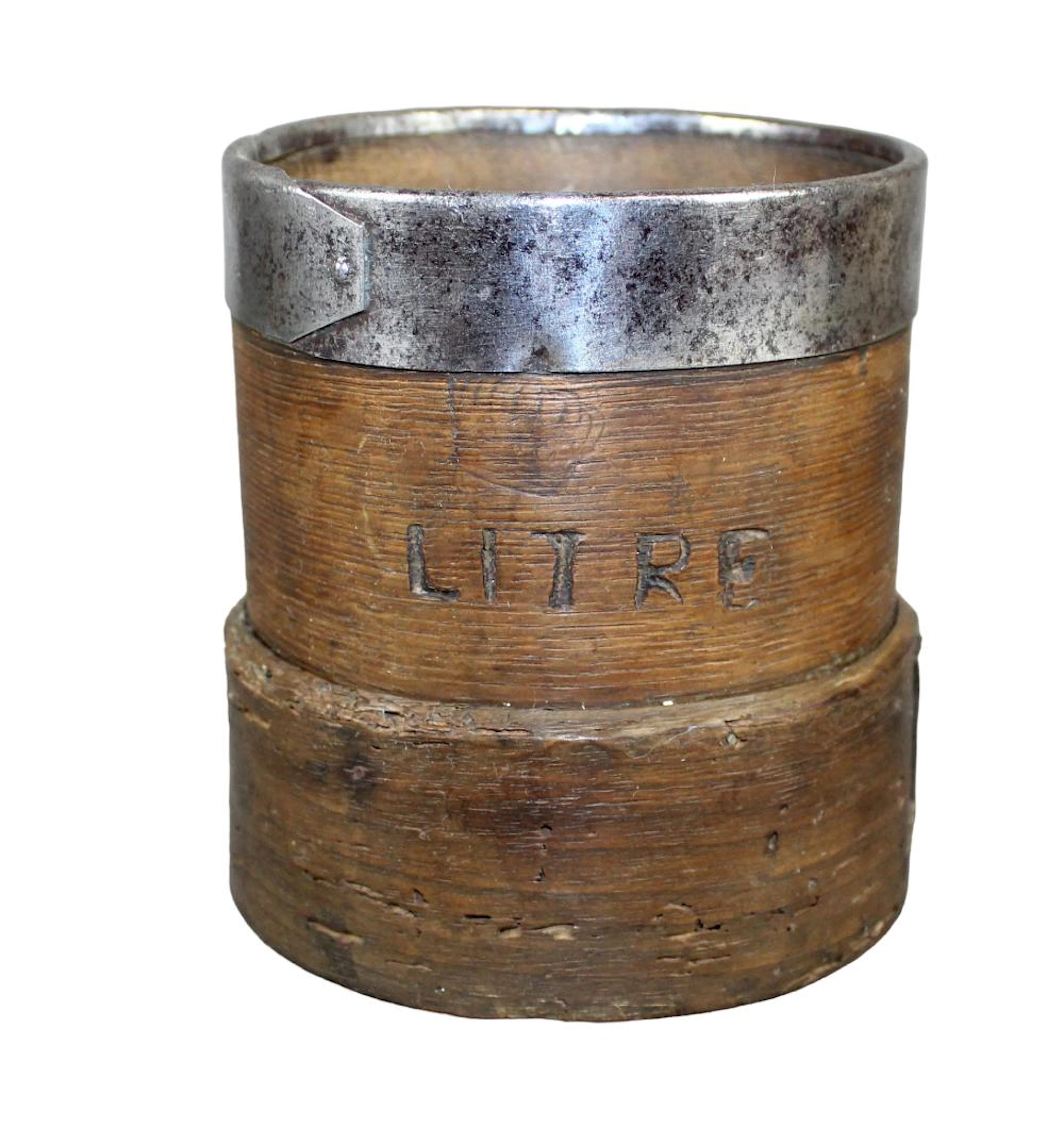 Antique French litre wooden bucket with iron band and Louis Philippe crown stamp