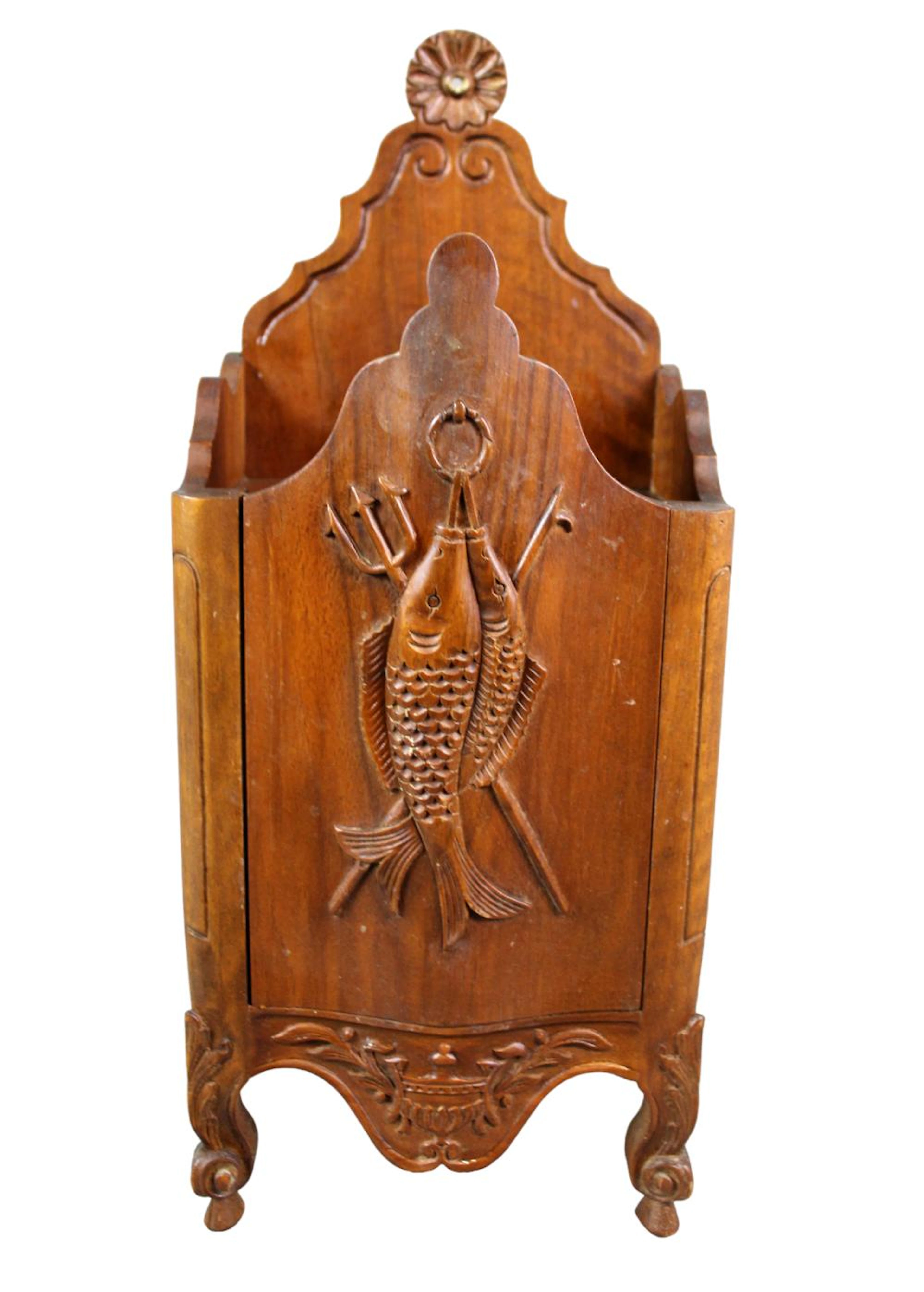 French Provincial fariniere (flour box) with carved fish