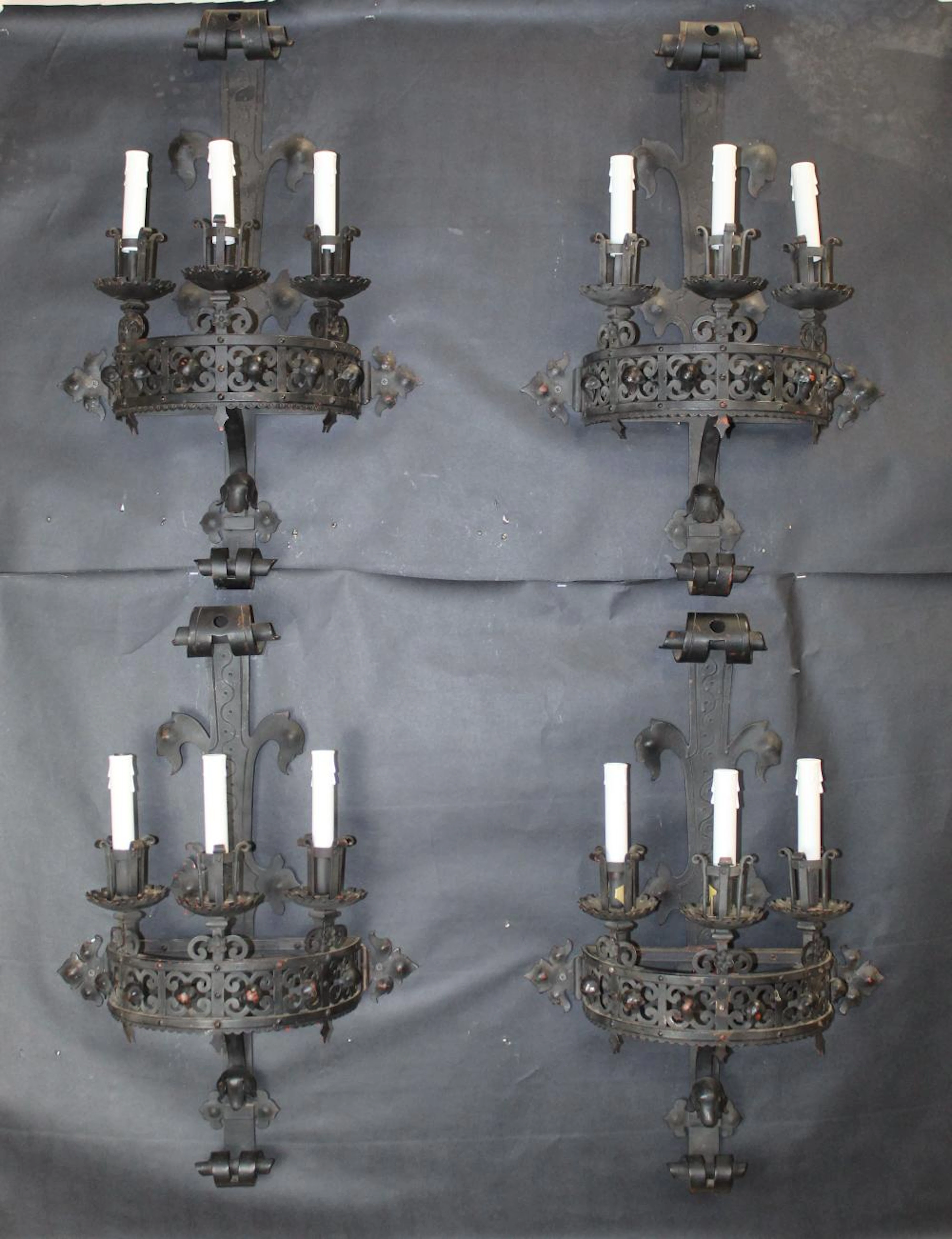 Set of 4 French Gothic Revival wrought iron sconces