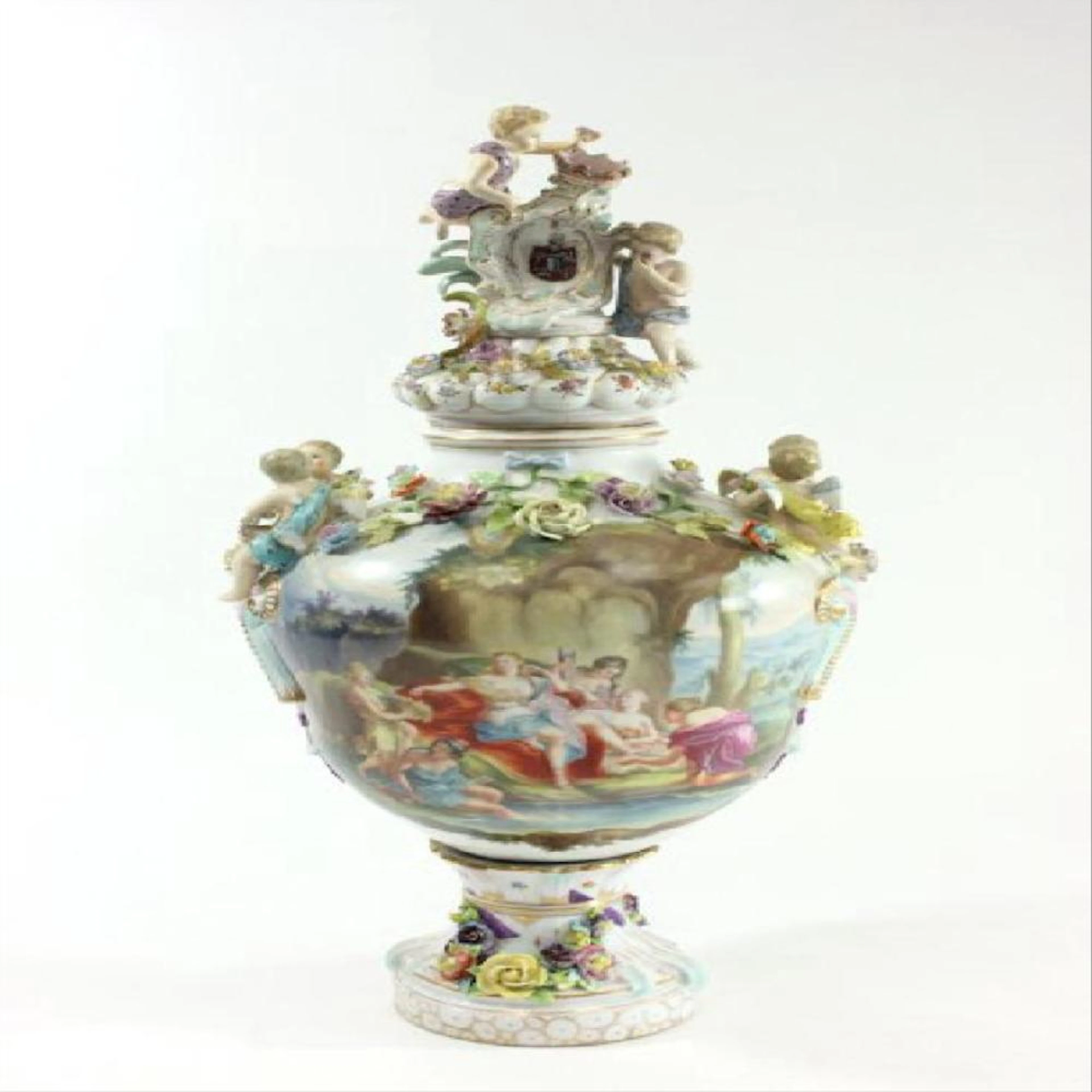 German Porcelain Encrusted Urn with Muses Scene on