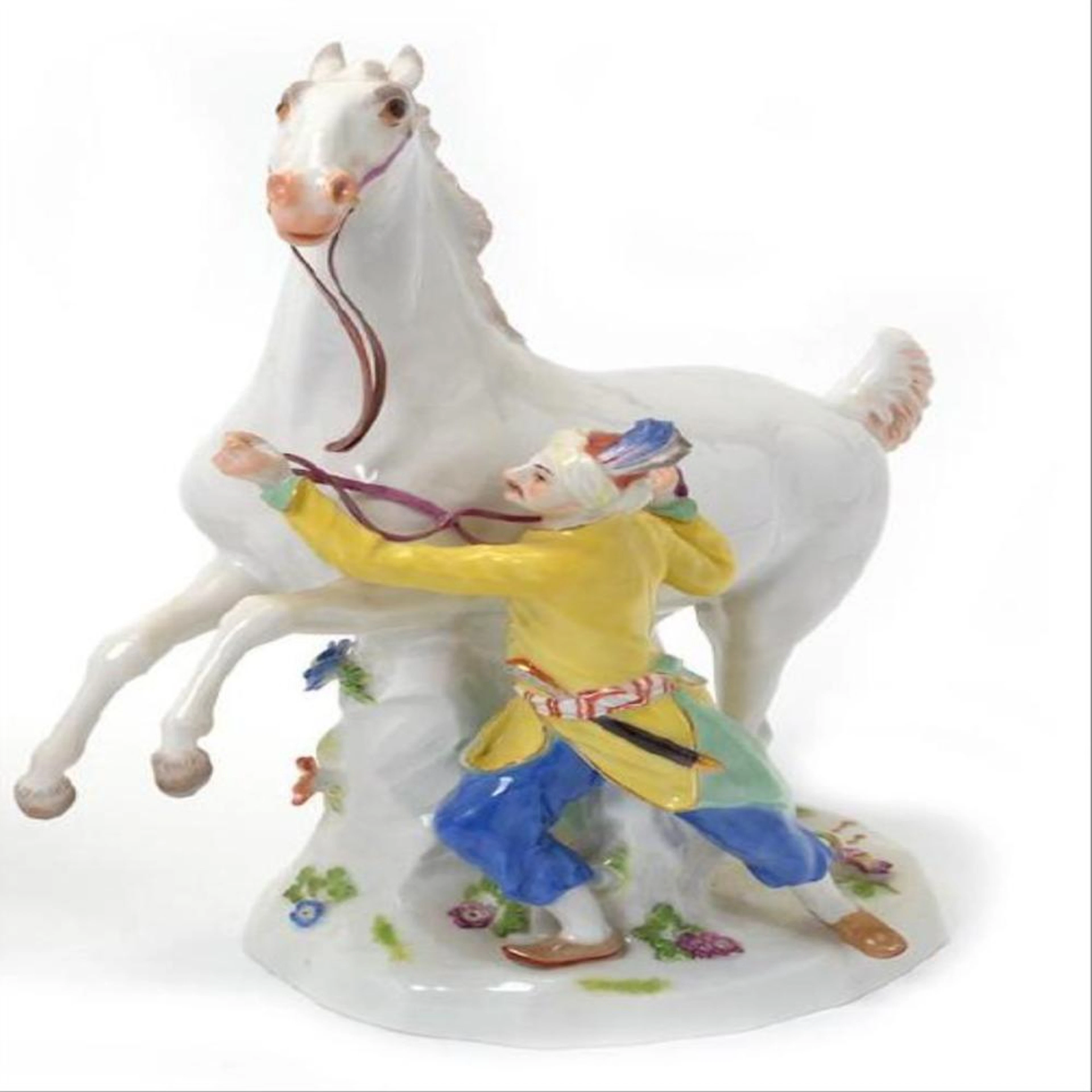 19TH C. MEISSEN FIGURE OF ATTENDANT W/ HORSE