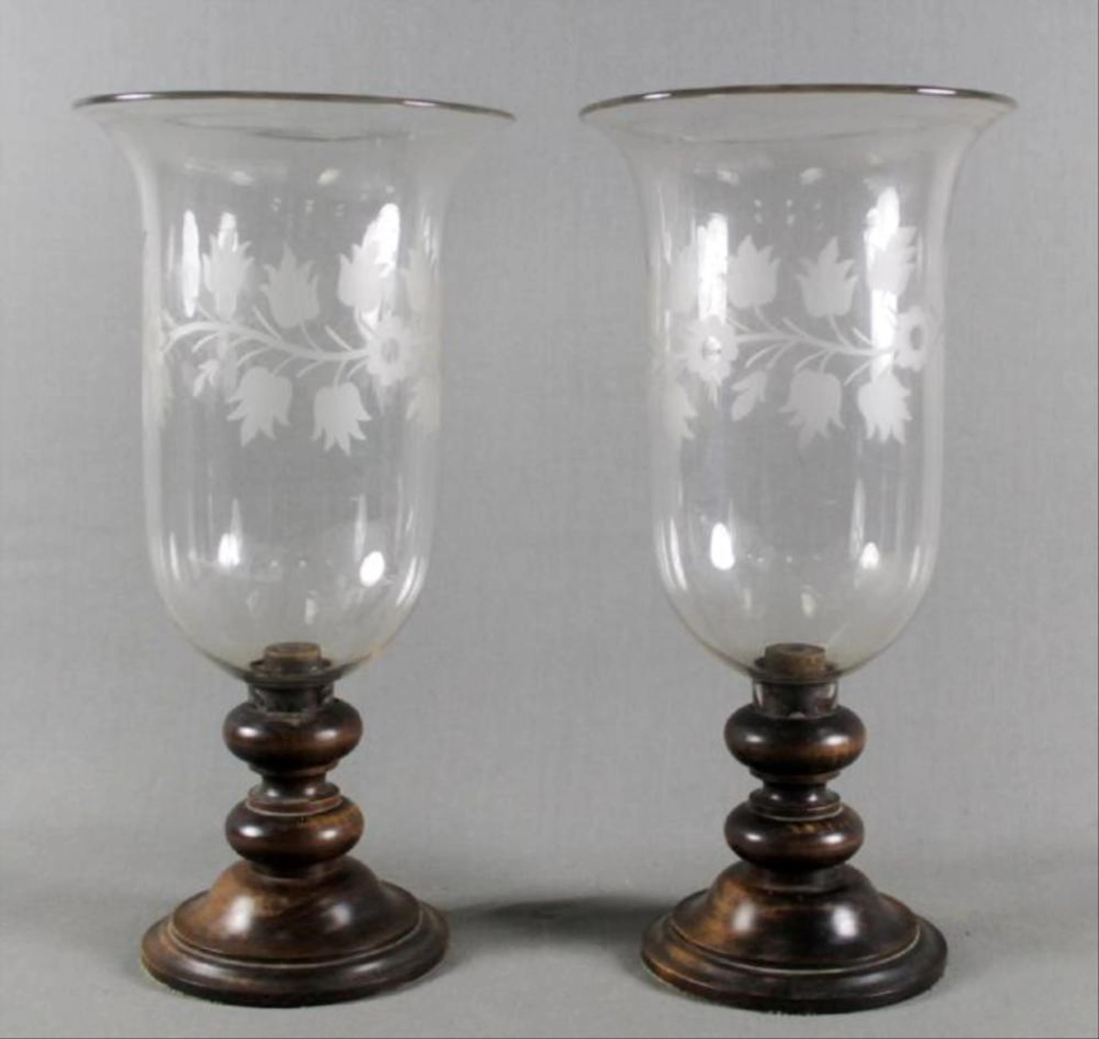 PAIR OF ENGLISH ENGRAVED HURRICANE LAMPS