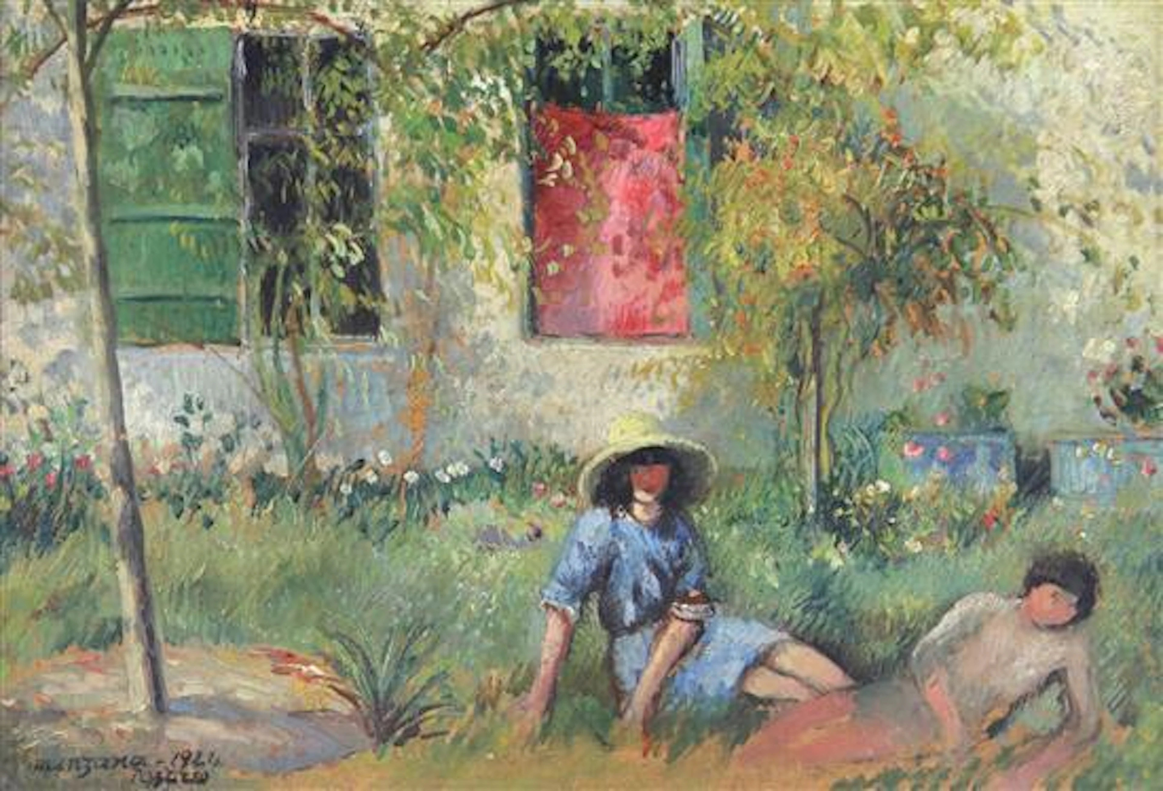 **Georges Manzana-Pissarro 1871-1961 (French) Les enfants dans le jardin à Veillon, Aziza et Félix, 1924 oil on cardboard