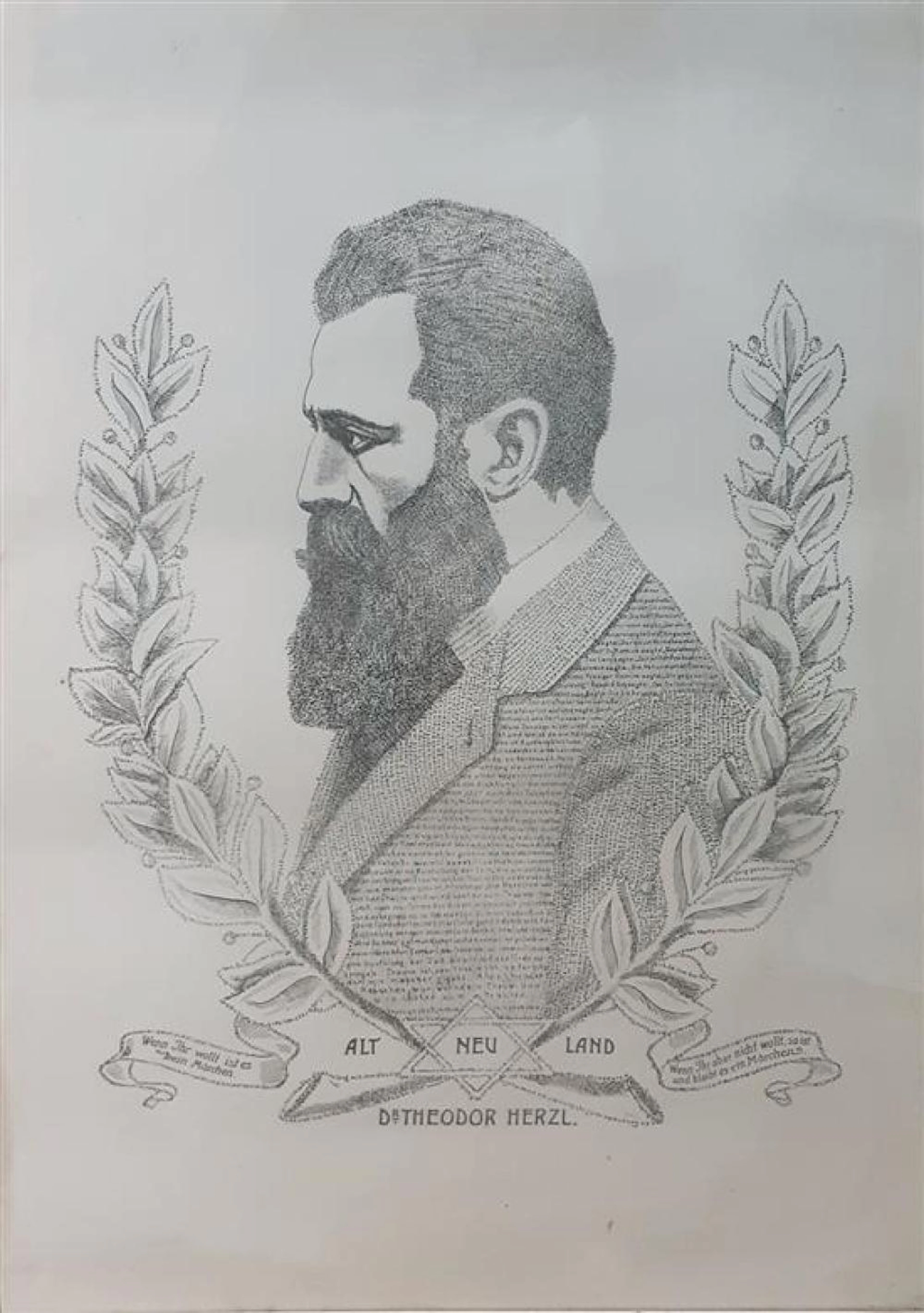 Dr. Theodor Herzl, a printed micrography. (created by Osias Wolinski)