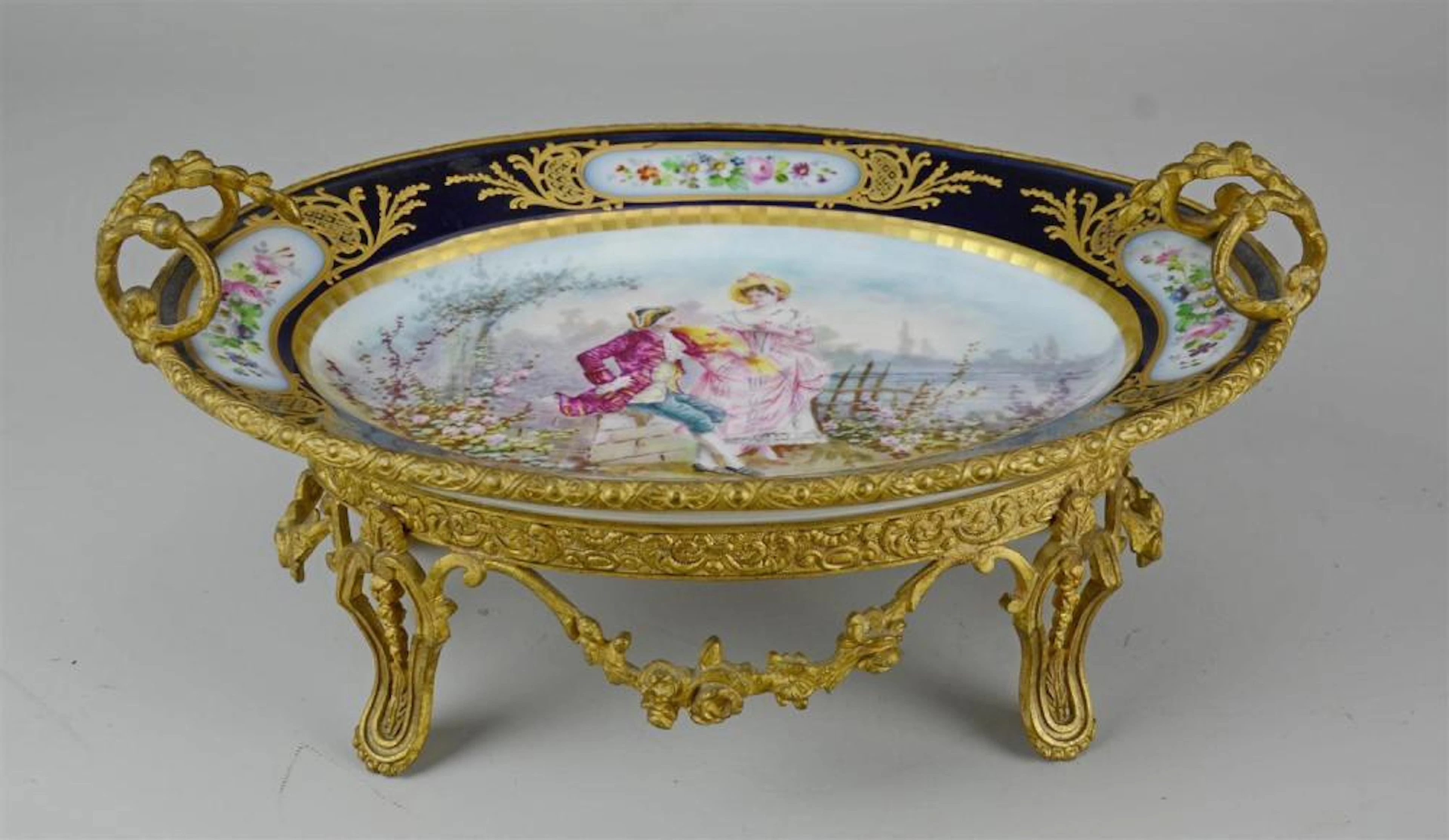 Vincennes-Sevres hand painted gilt metal mounted compote with handles