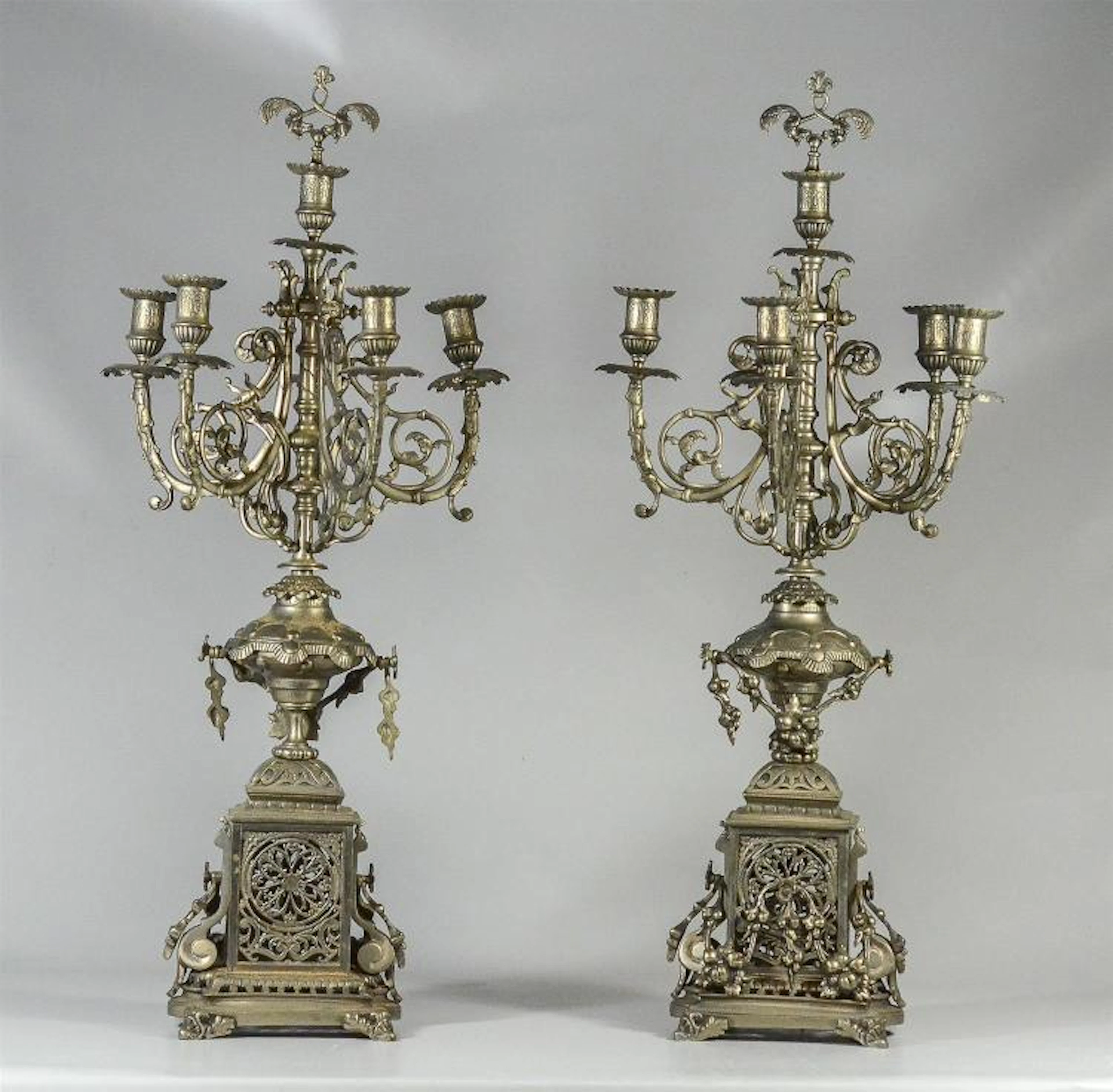 Pair of Victorian Nickle Patinated Six Arm Candelabra...