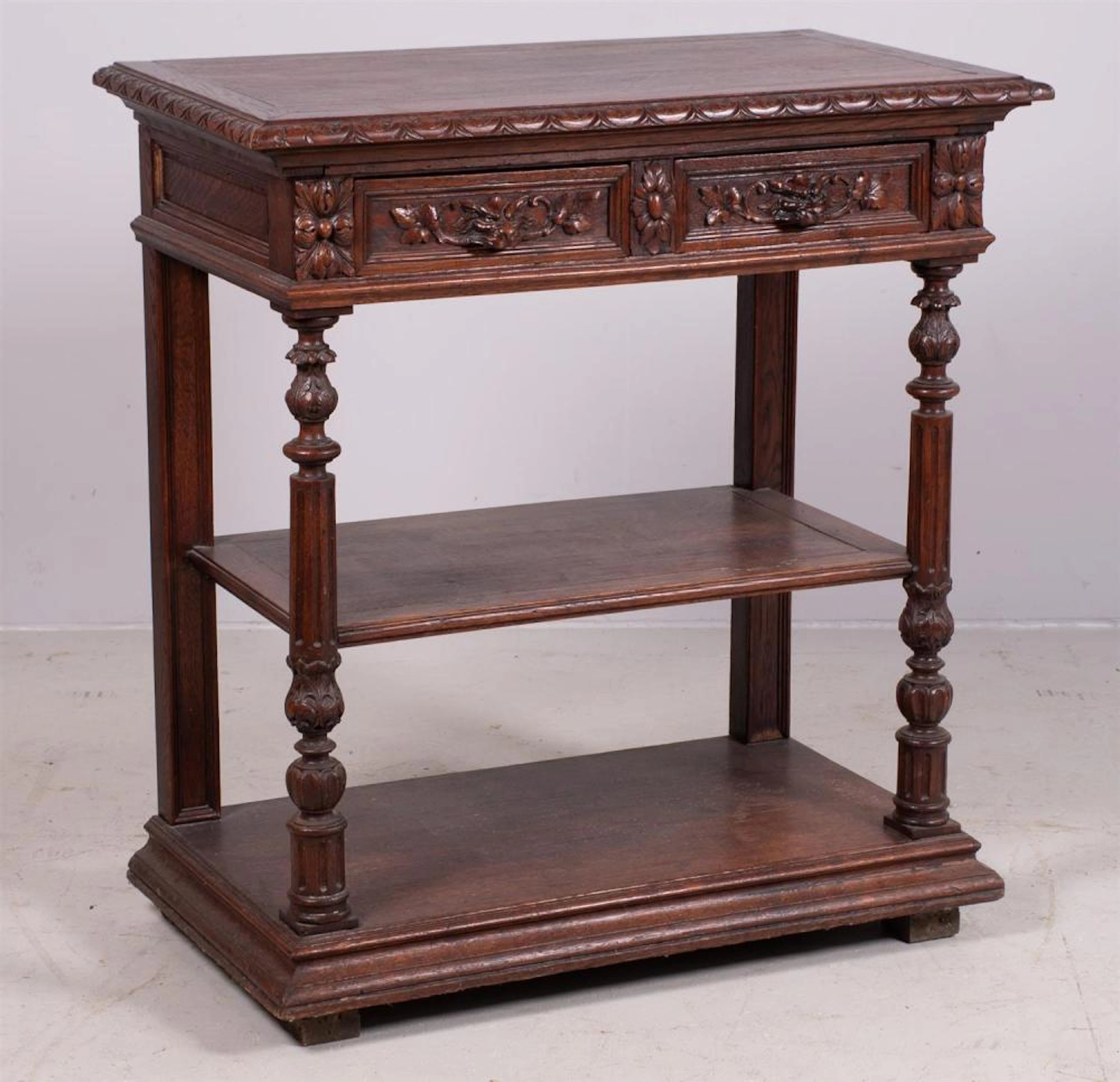 Carved oak server with open shelf below