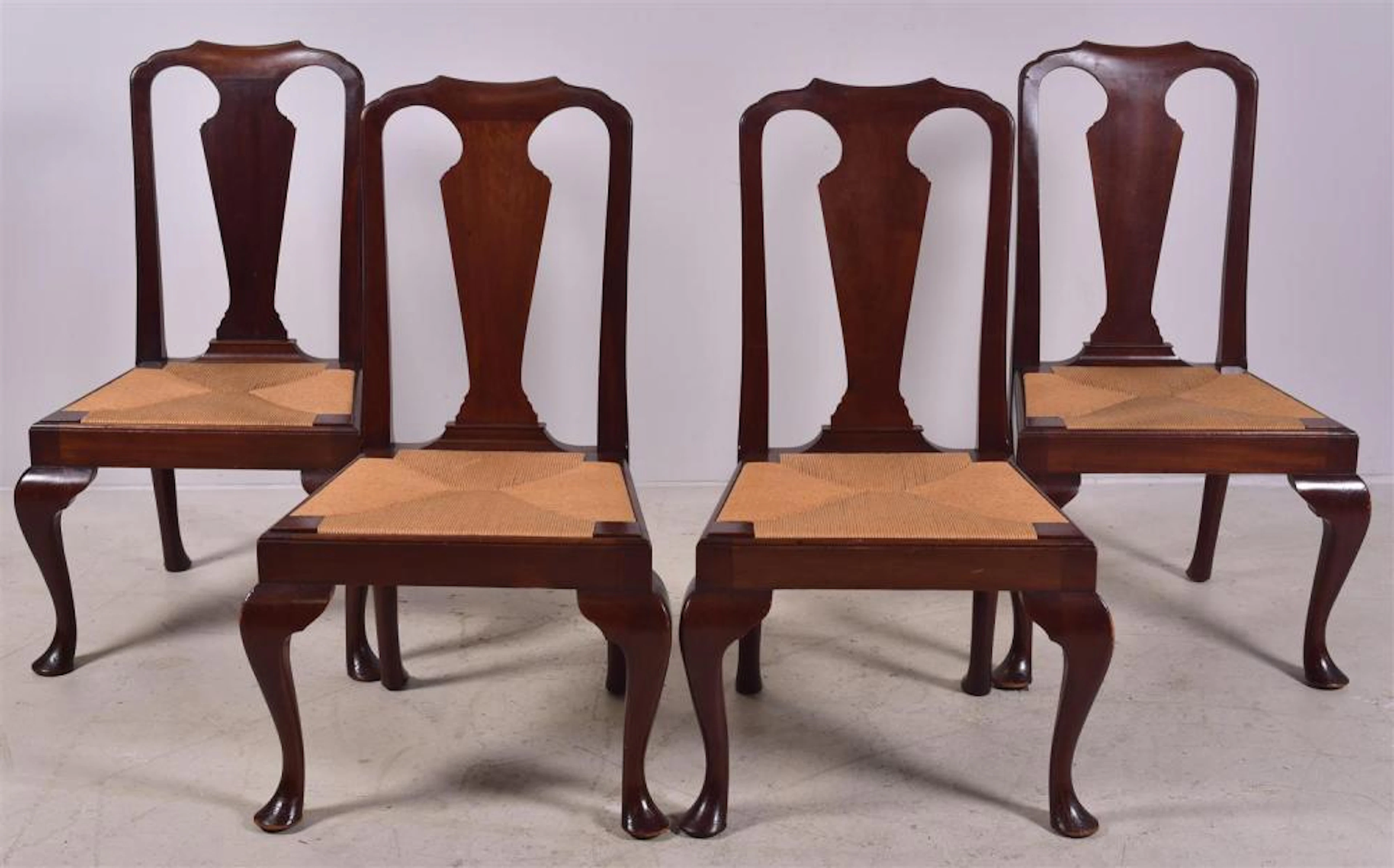 (4) Walnut QA Style DR Chairs, rush seats, bench made, 19th c, 39 1/4"