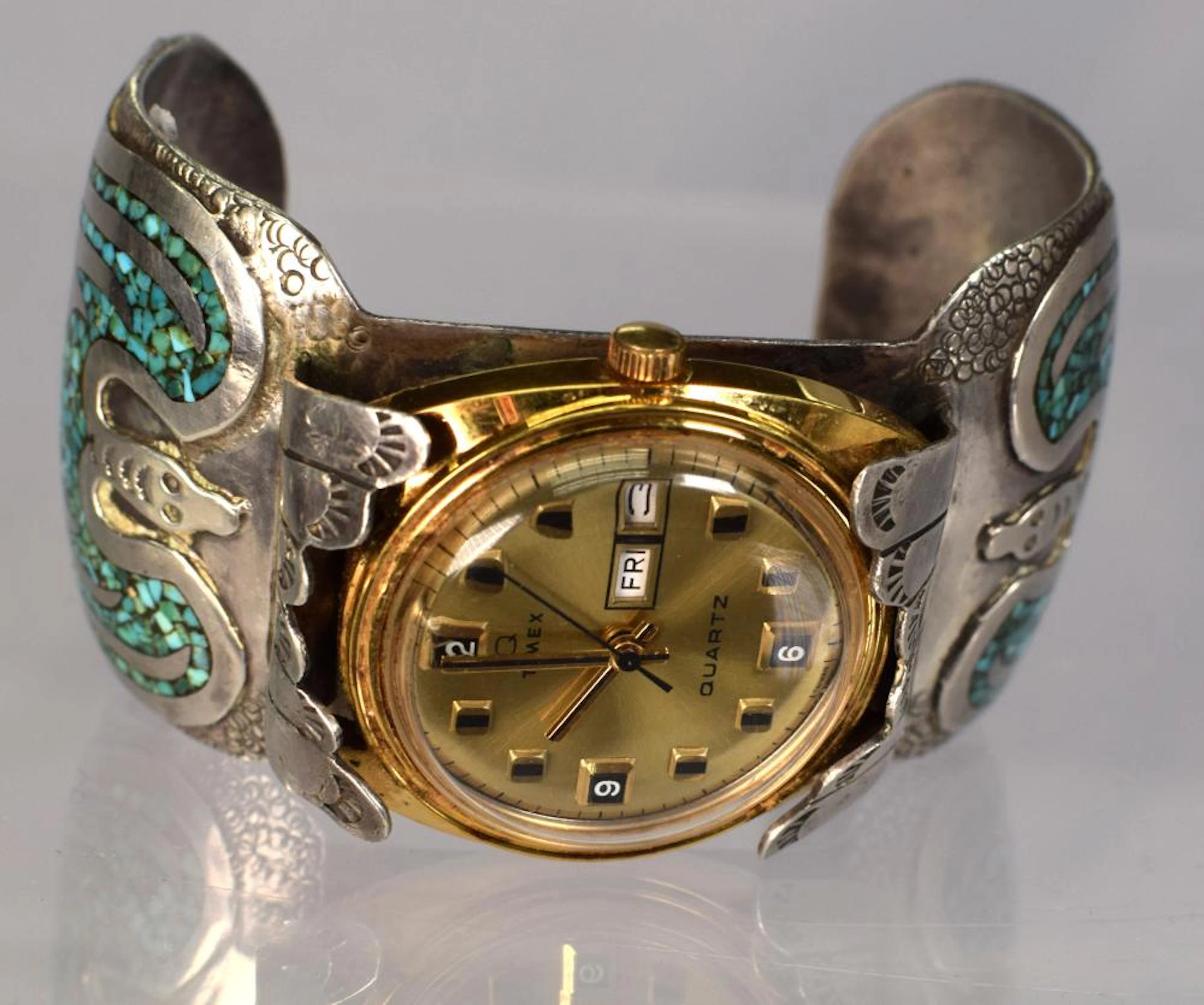 SILVER & TURQUOISE K LEWIS NAVAJO WATCH BRACELET