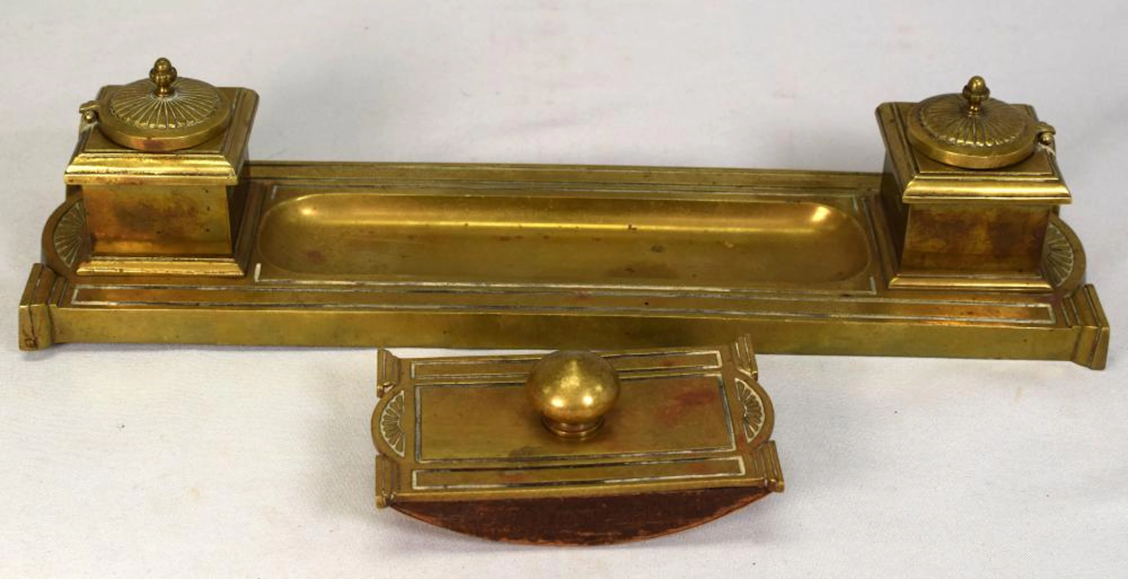 BRASS ART NOUVEAU INKWELL AND BLOTTER