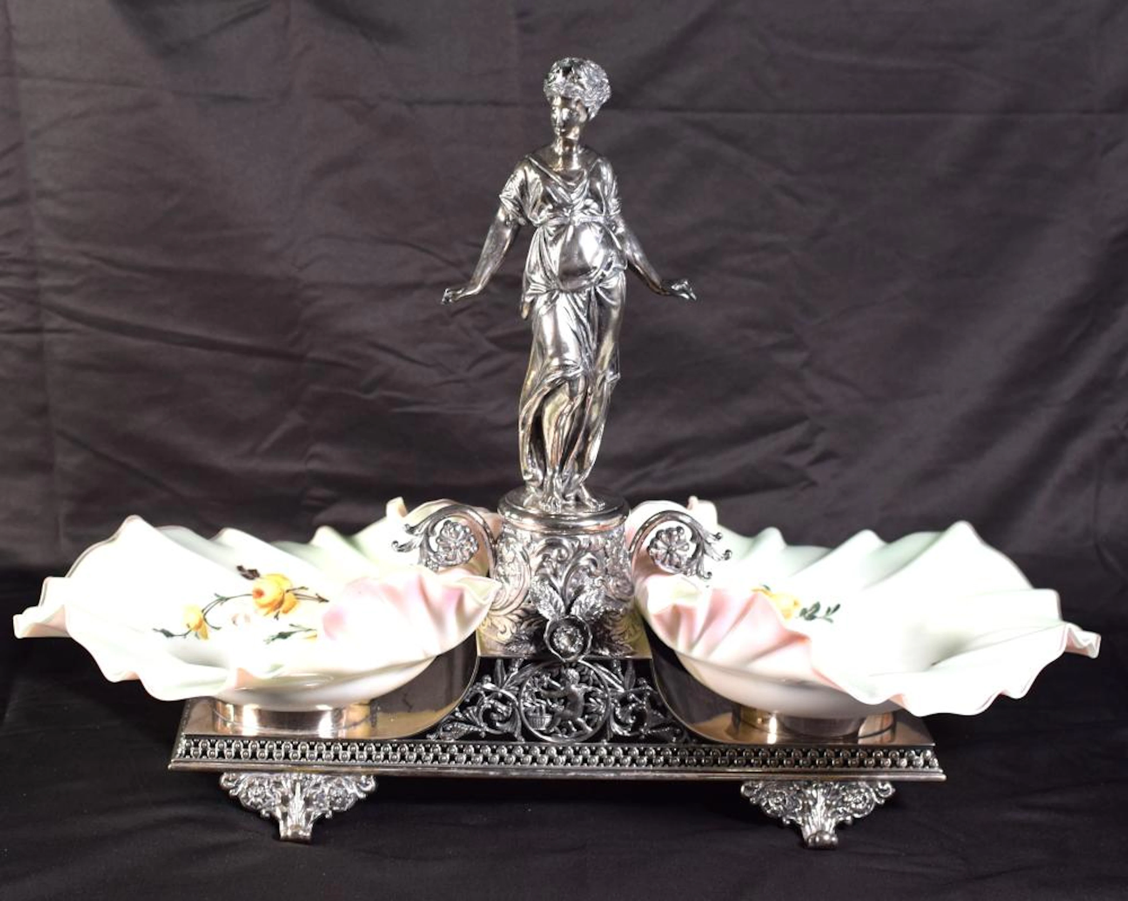 RARE DOUBLE BRIDE BASKET W/FULL SILVERPLATE FIGURE