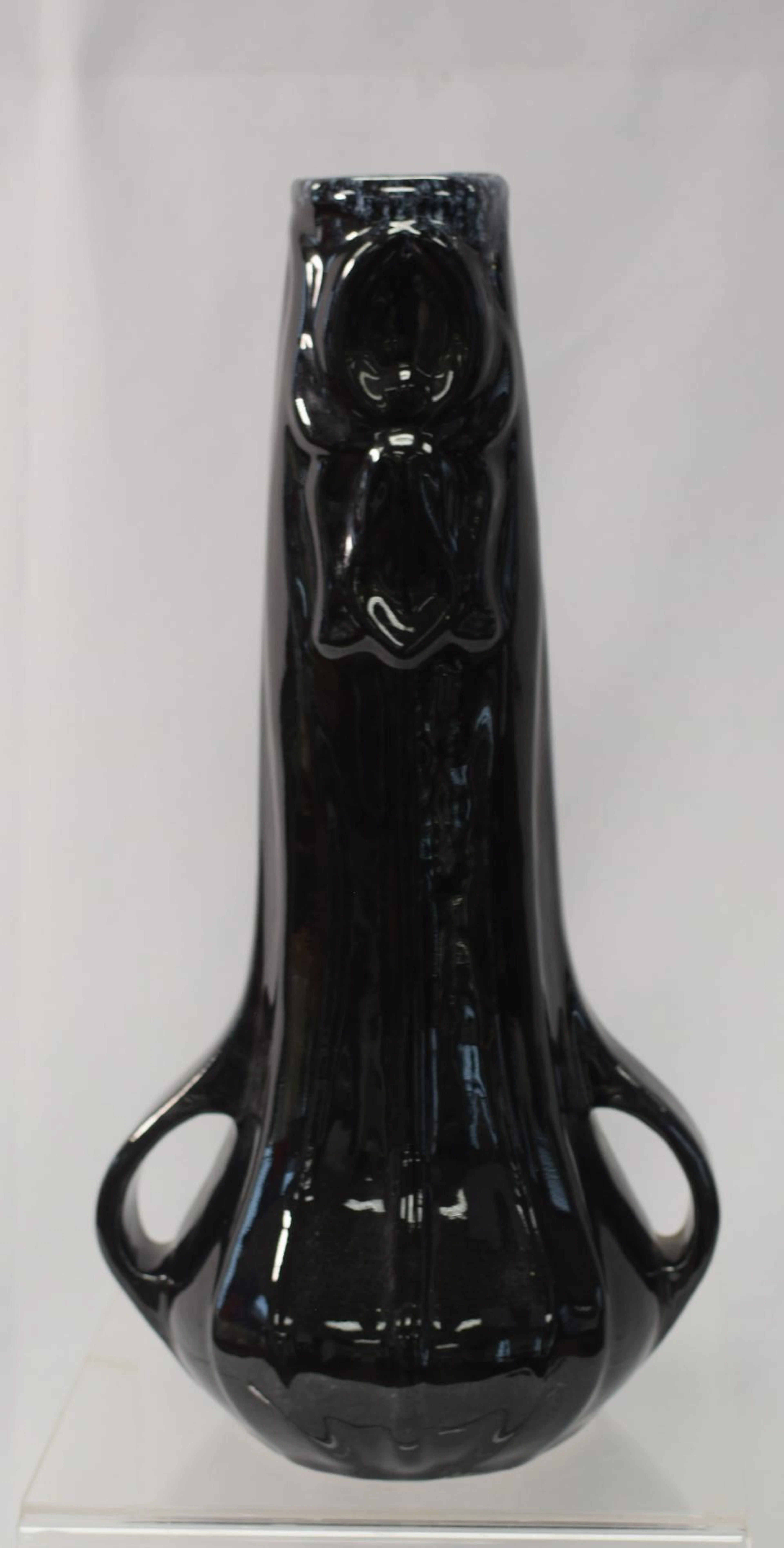 TALL VAN BRIGGLE BLACK GLOSSY HANDLE IRIS VASE