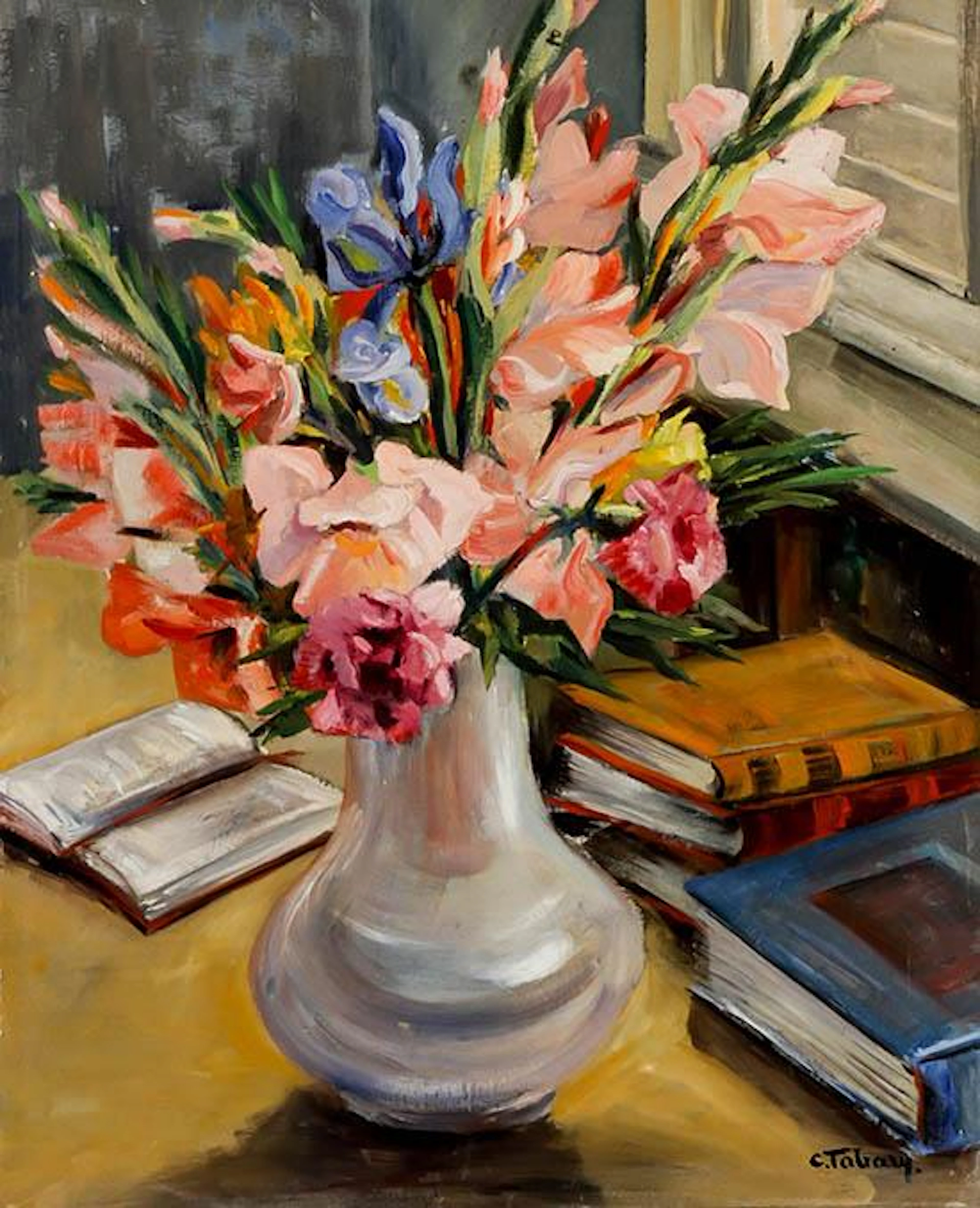 Céline Marie Tabary (American 1908-1993), Gladioli in Vase with Books, Signed oil on canvas