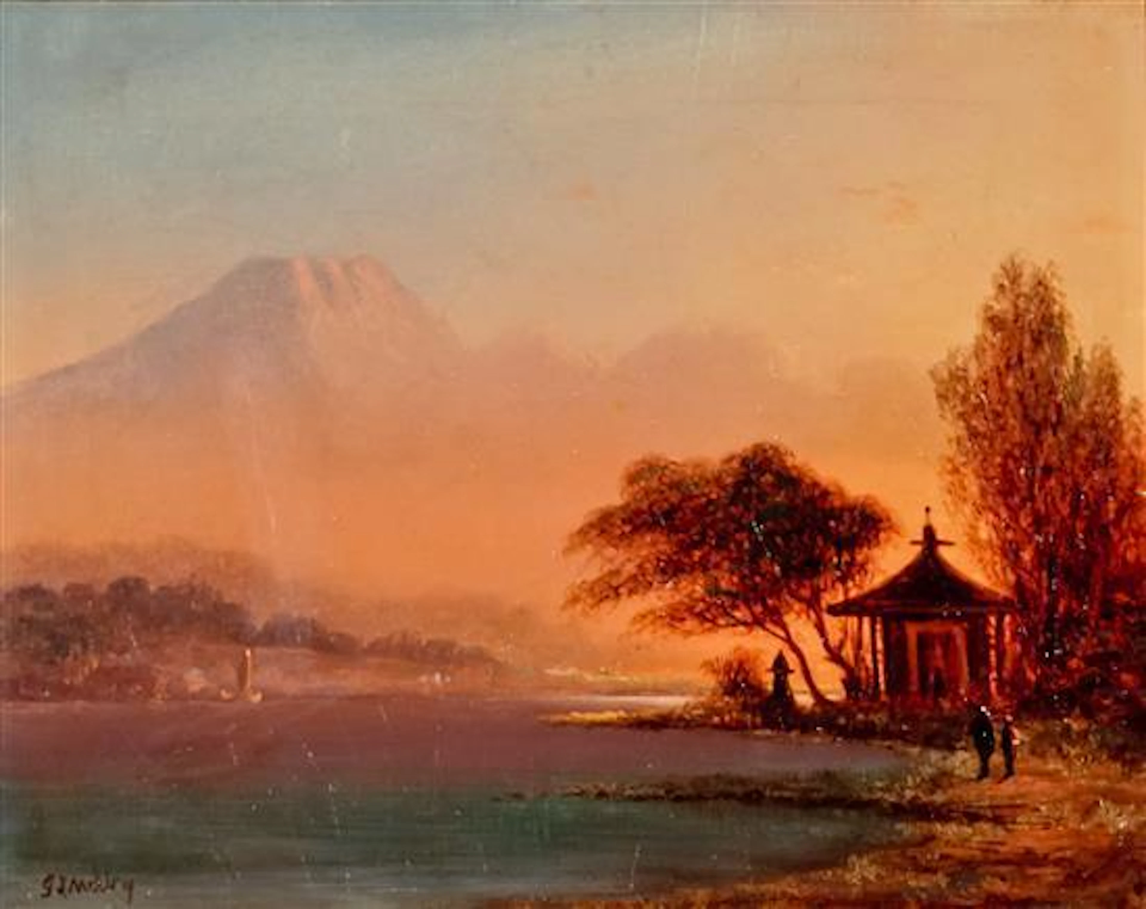 Fritz Siegfried George Melbye (Danish 1826-1896), Mountain River Landscape, Dusk, oil on canvas mounted on board