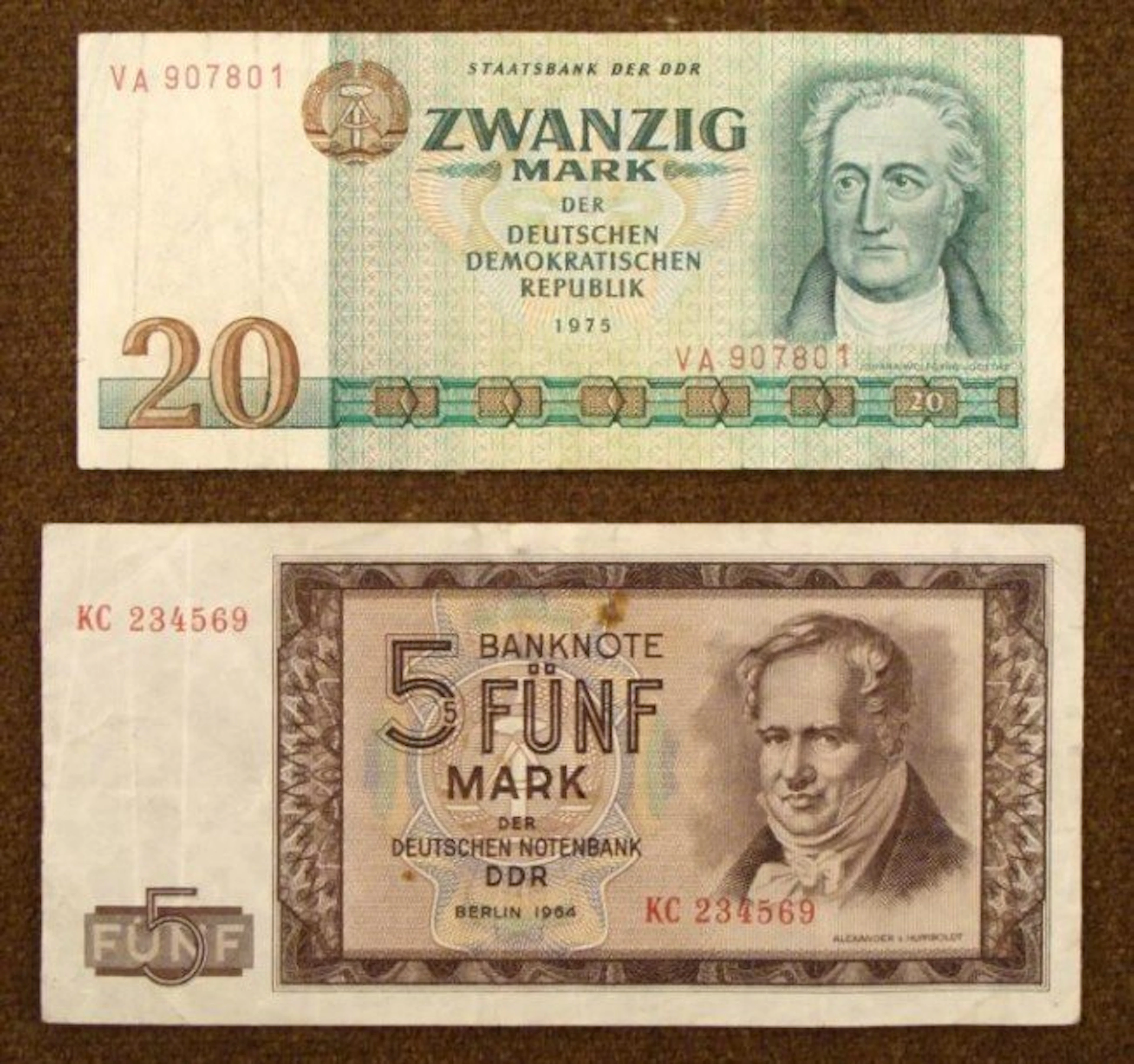 2 DDR-GERMAN COMMUNIST CURRENCY-5, 20 MARKS -1964, 1975