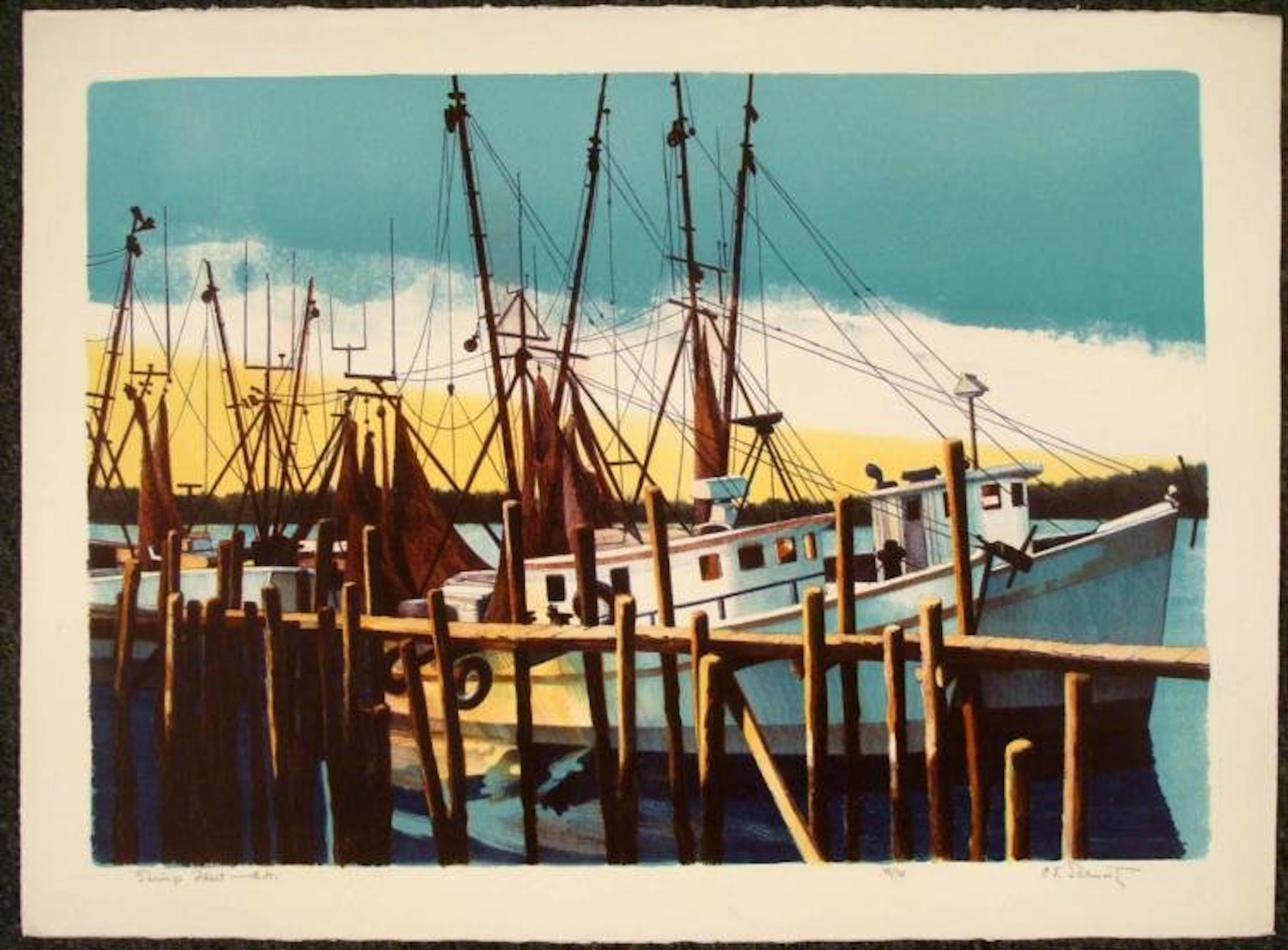 Carl E. Schwartz Signed Boat Art Print Shrimp Fleet