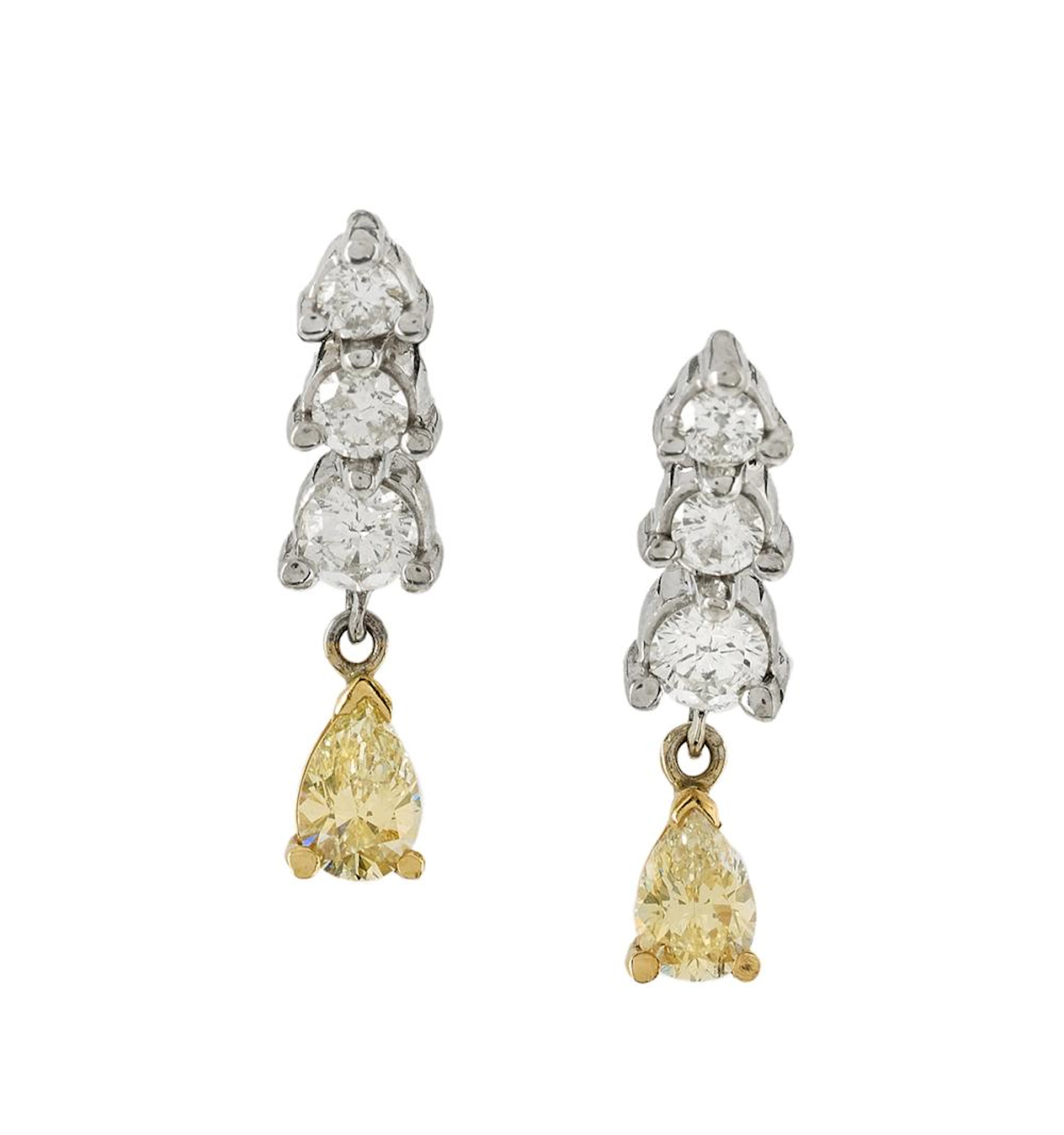 Pair of Yellow and White Diamond Earrings