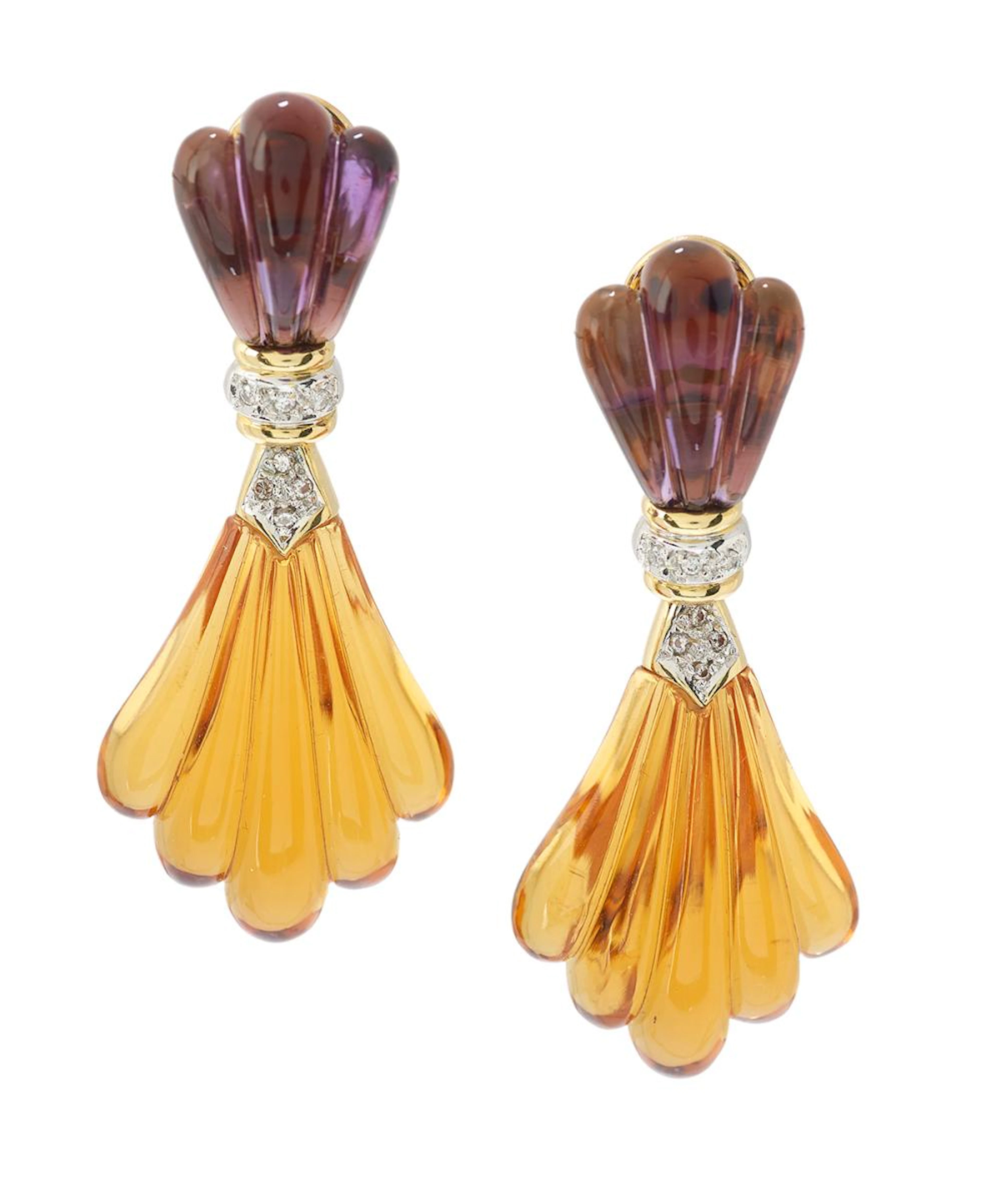 Pair of Amethyst, Citrine and Diamond Ear Clips