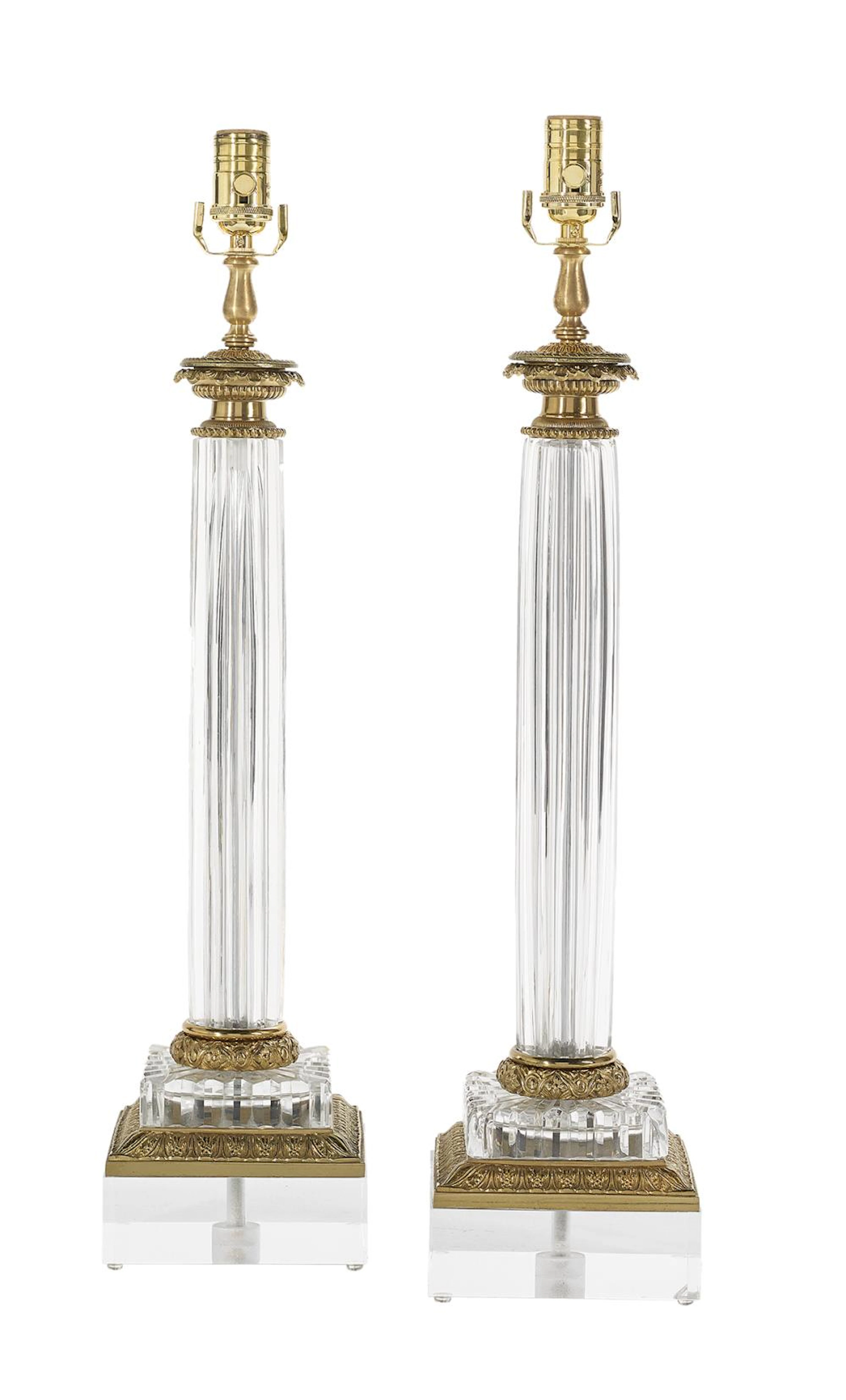 Pair of French Neoclassical-Style Bronze and Crystal Lamps