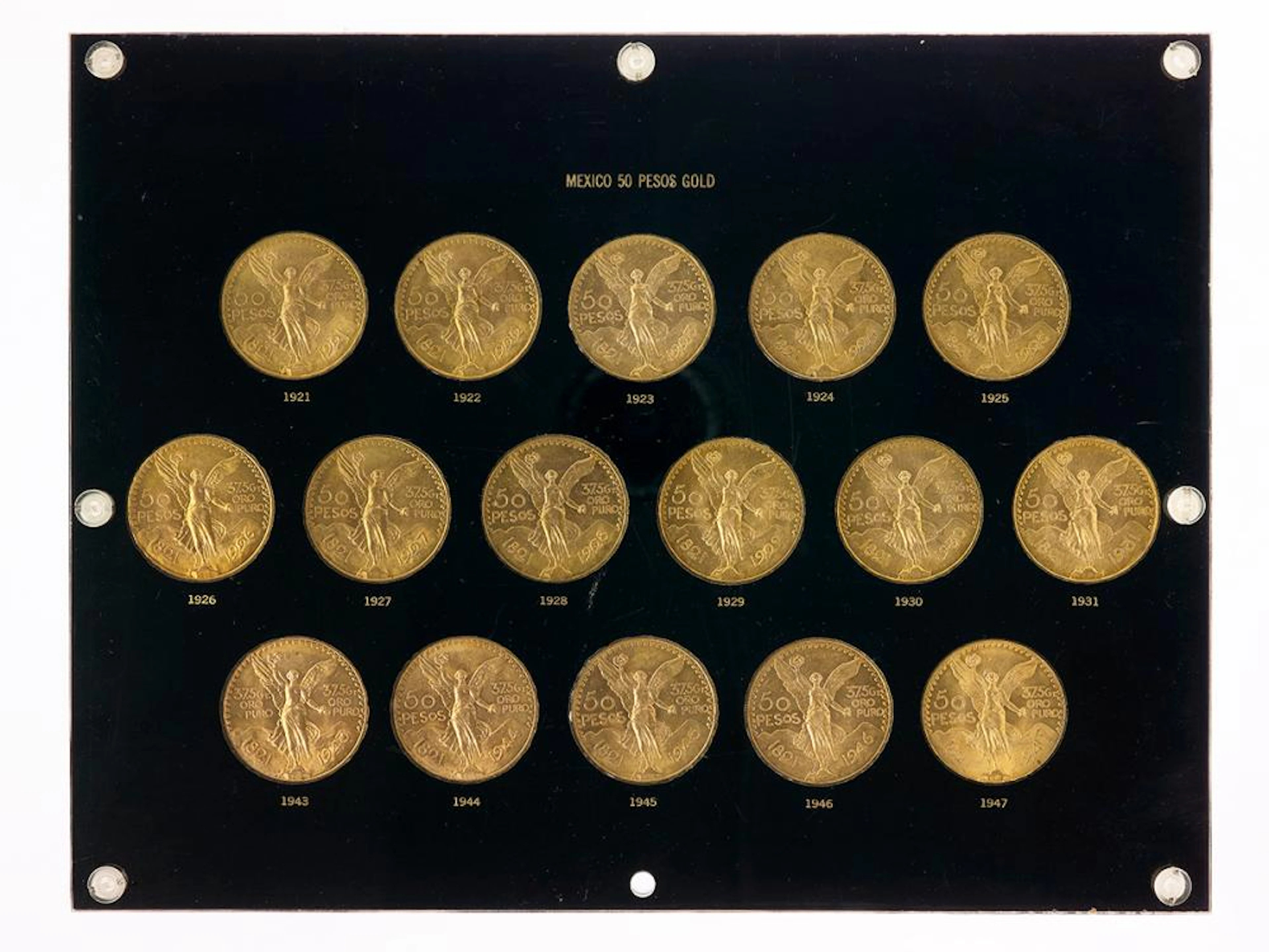 Cased Set of Sixteen 50 Pesos Mexican Gold Coins