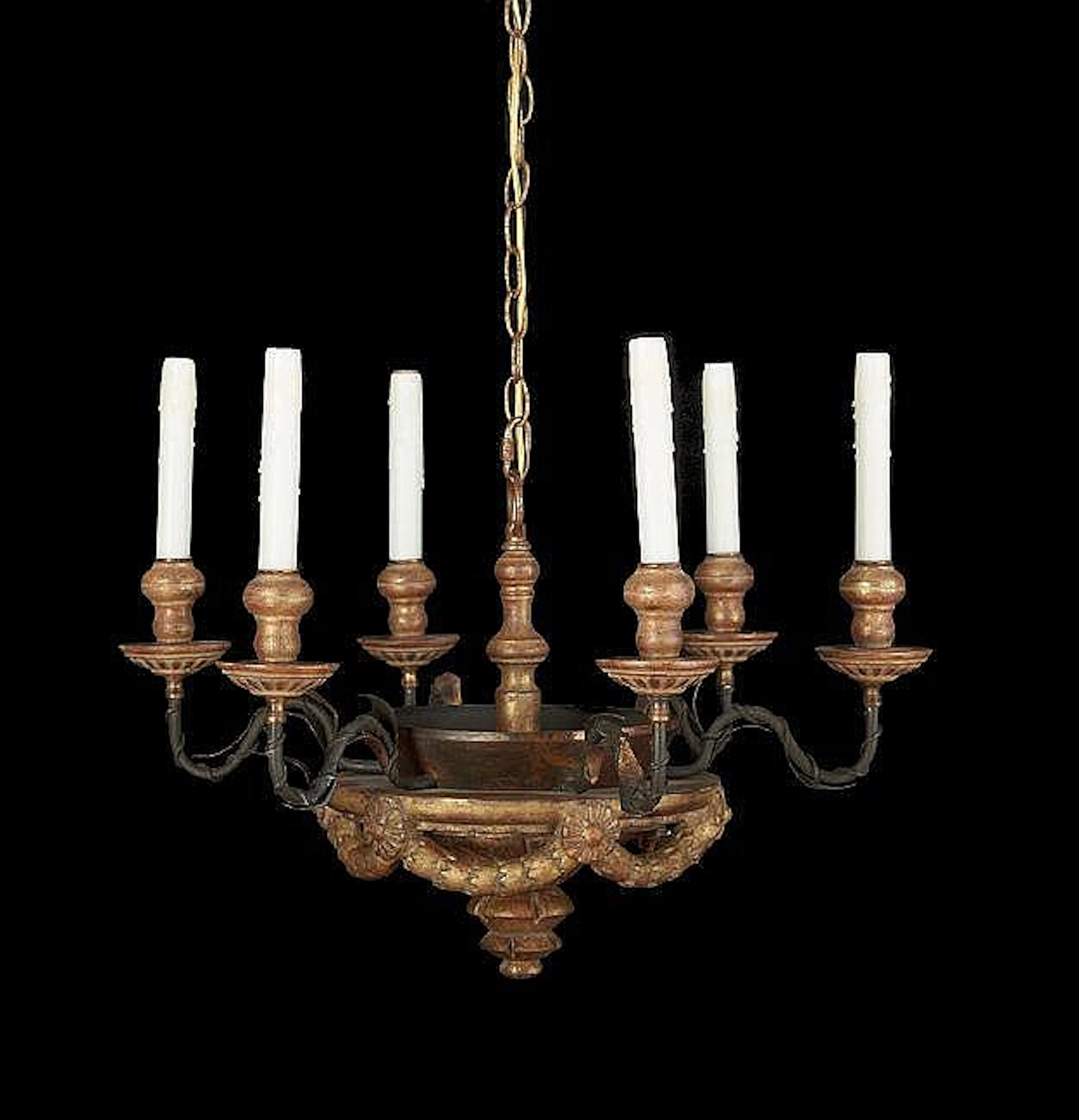 Tuscan-Style Wrought Iron and Giltwood Chandelier