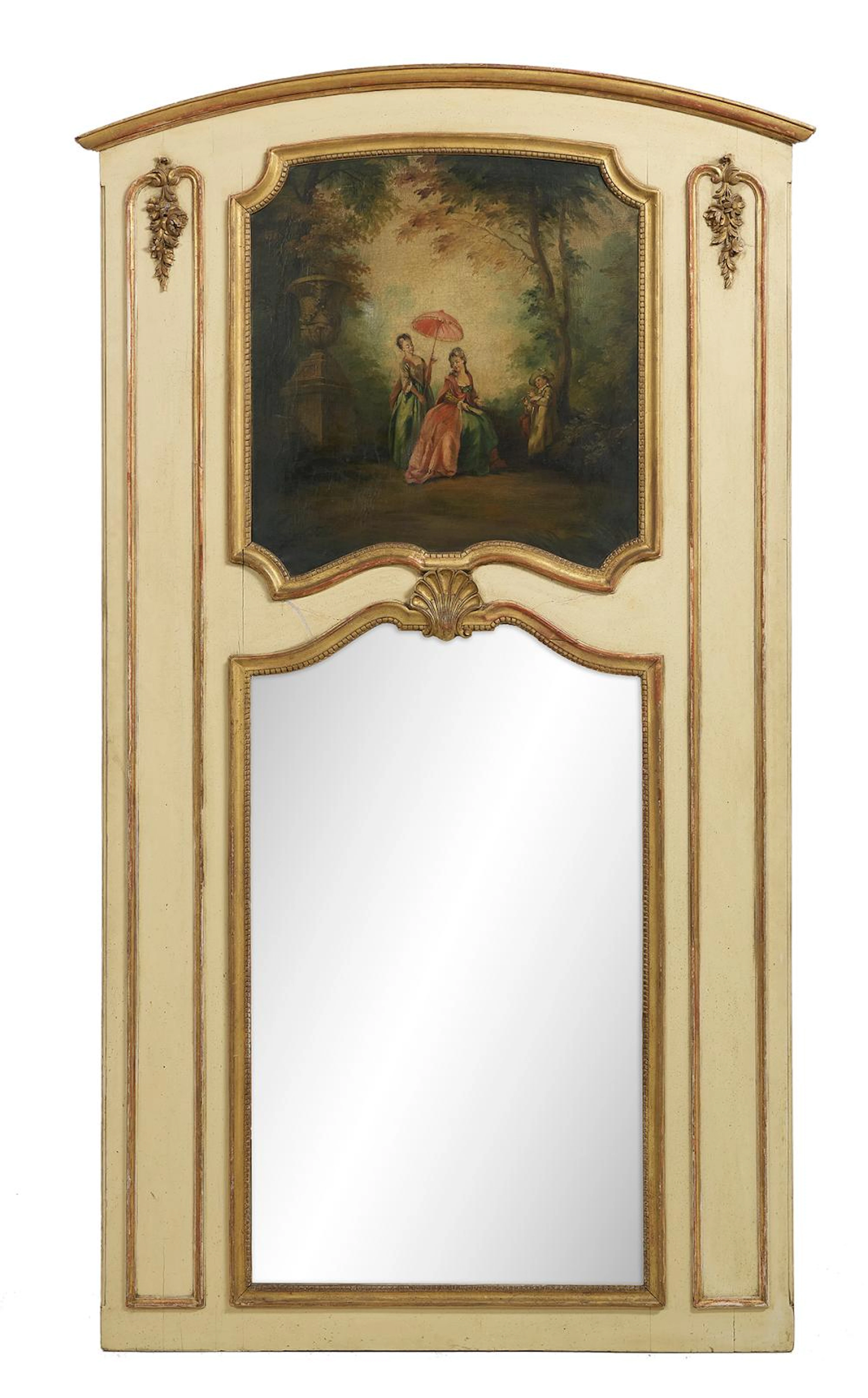 Monumental Louis XV-Style Polychrome and Parcel-Gilt Trumeau Mirror