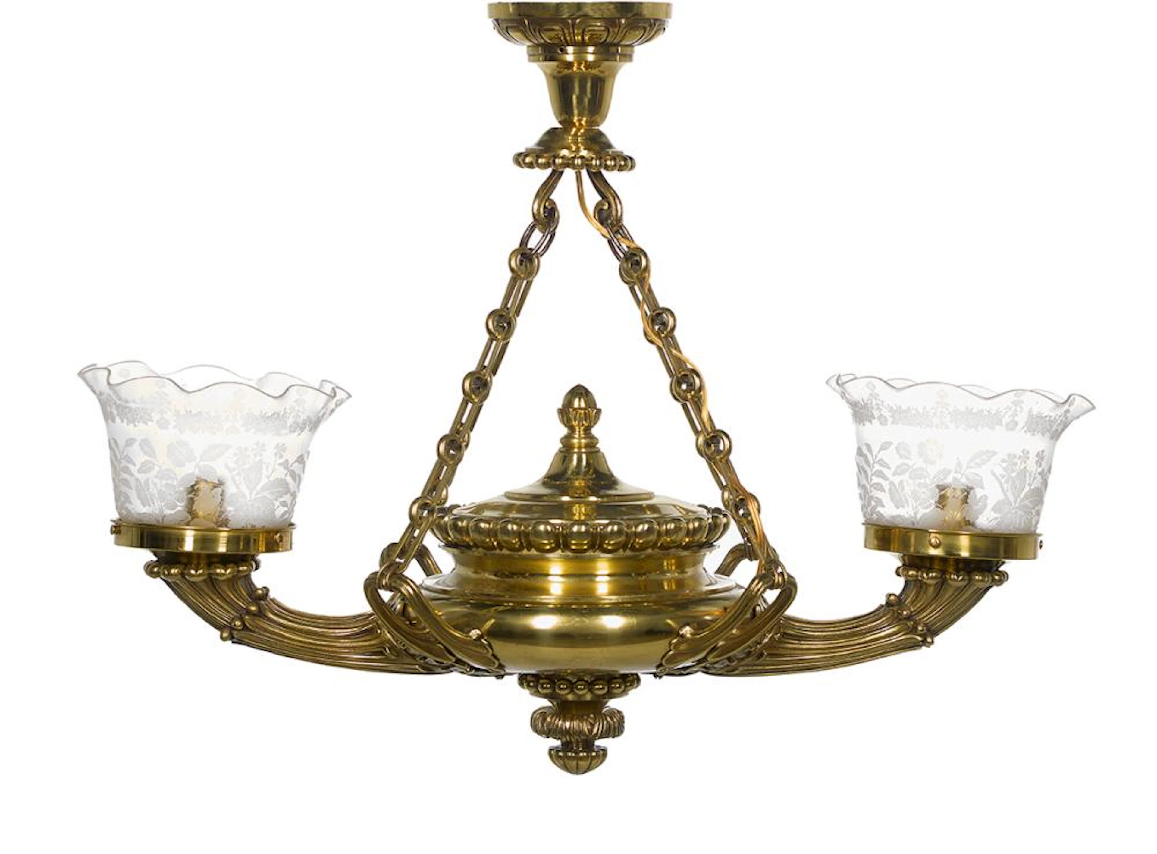 English Colonial Revival Brass and Glass Chandelier