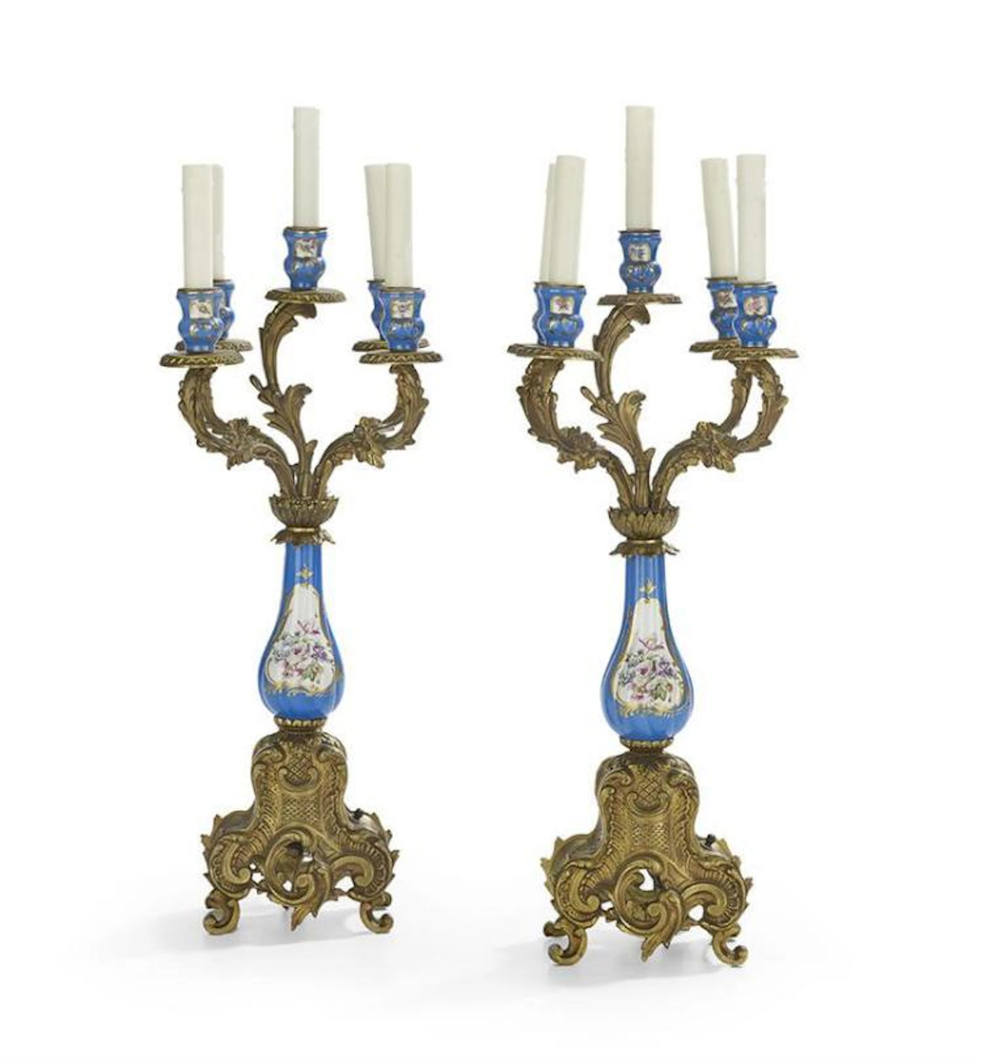 Pair of Belle Epoque Gilt-Bronze and Porcelain Five-Light Candelabra