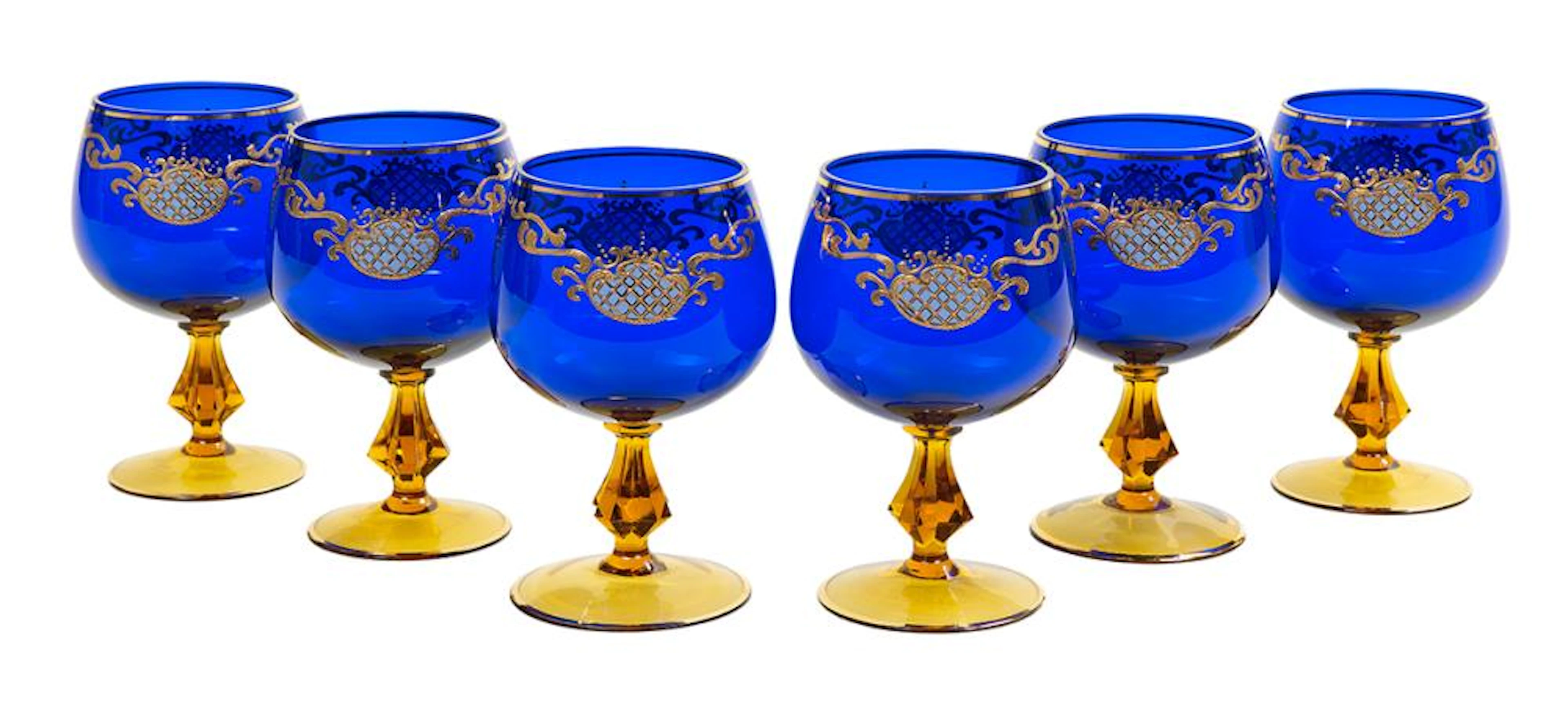 Set of Six Bohemian Cobalt and Amber Glass Brandy Snifters