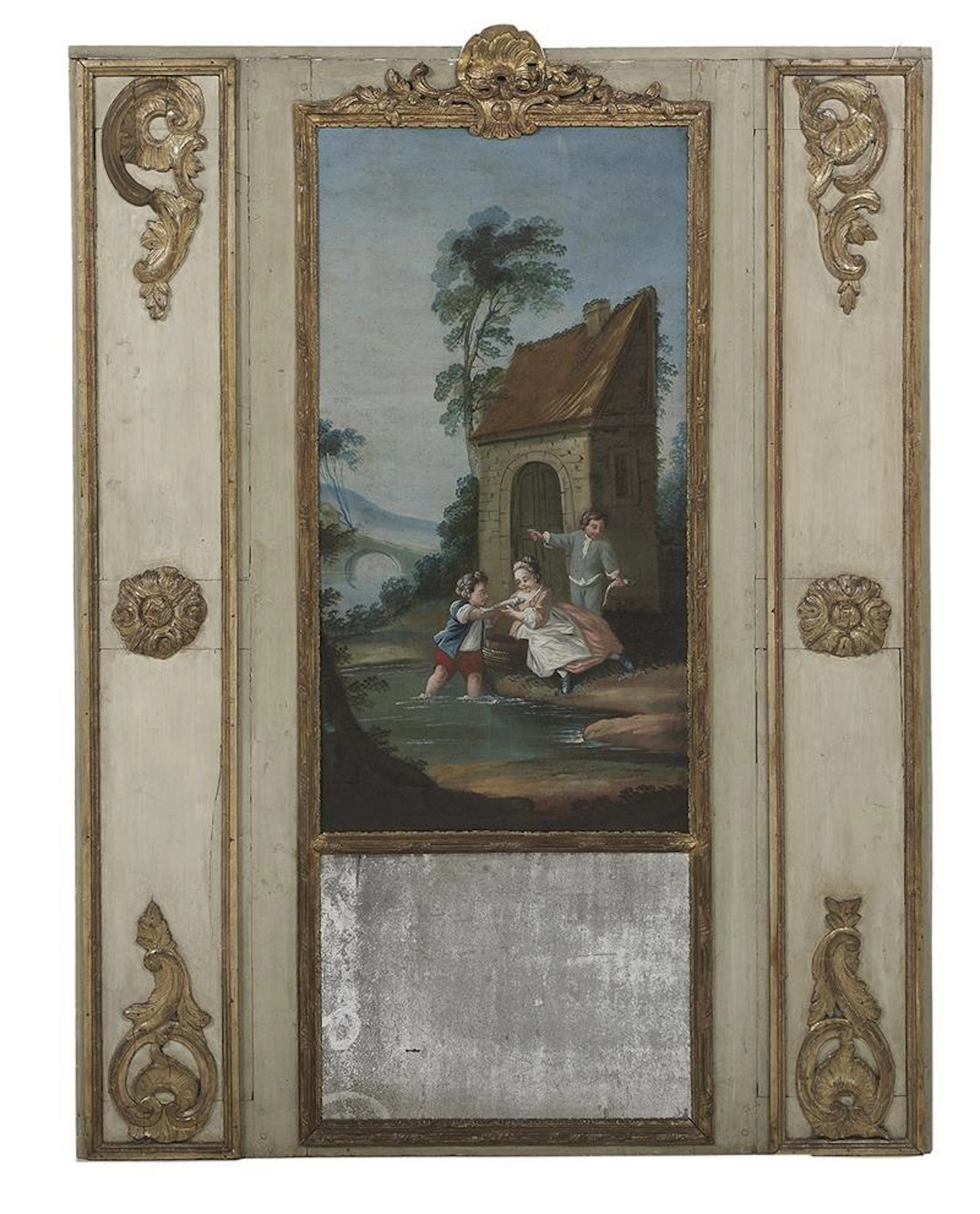 French Provincial Giltwood and Painted Trumeau Mirror