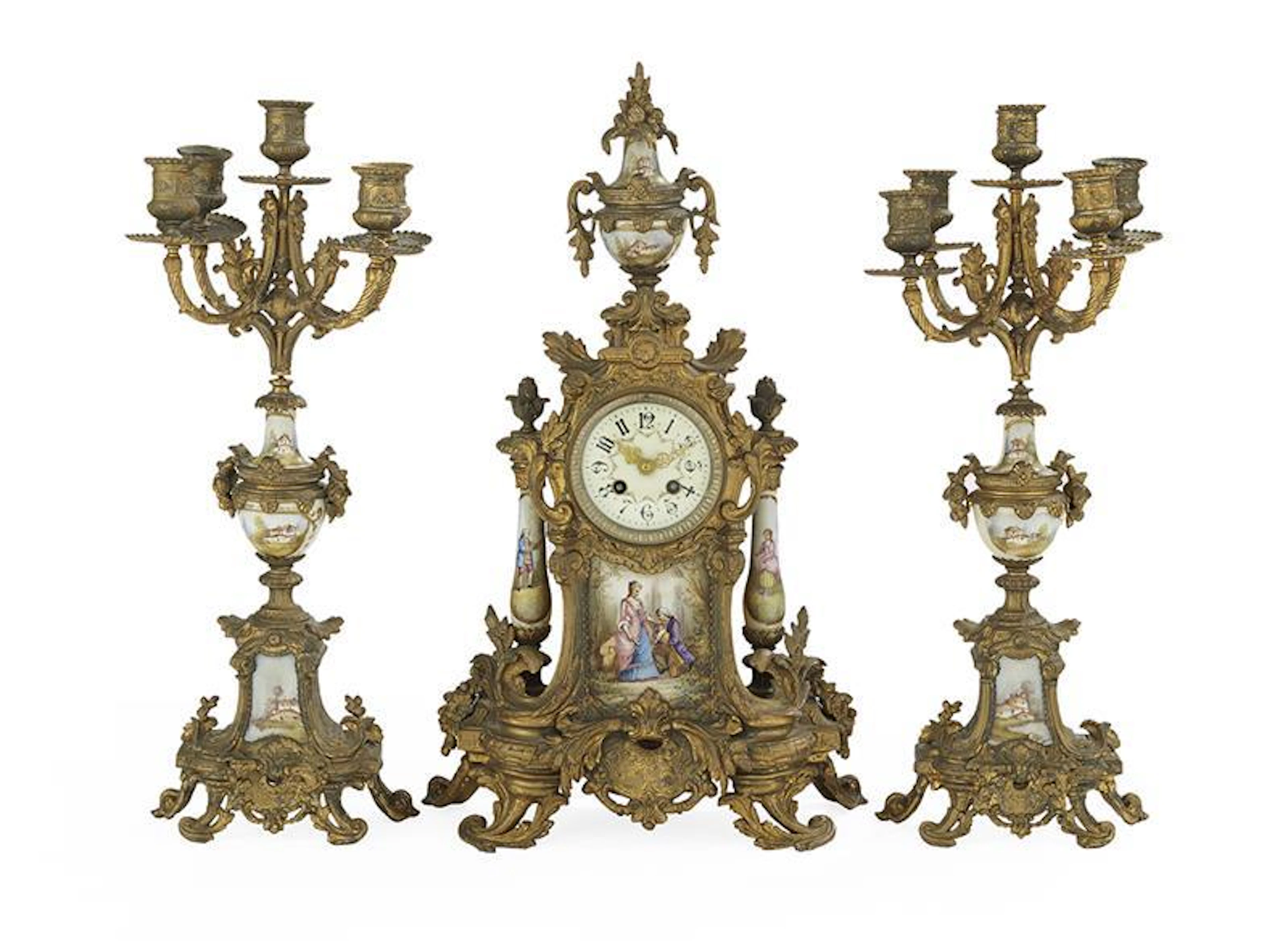 Three-Piece Gilt-Bronze, Metal and Porcelain Clock Set