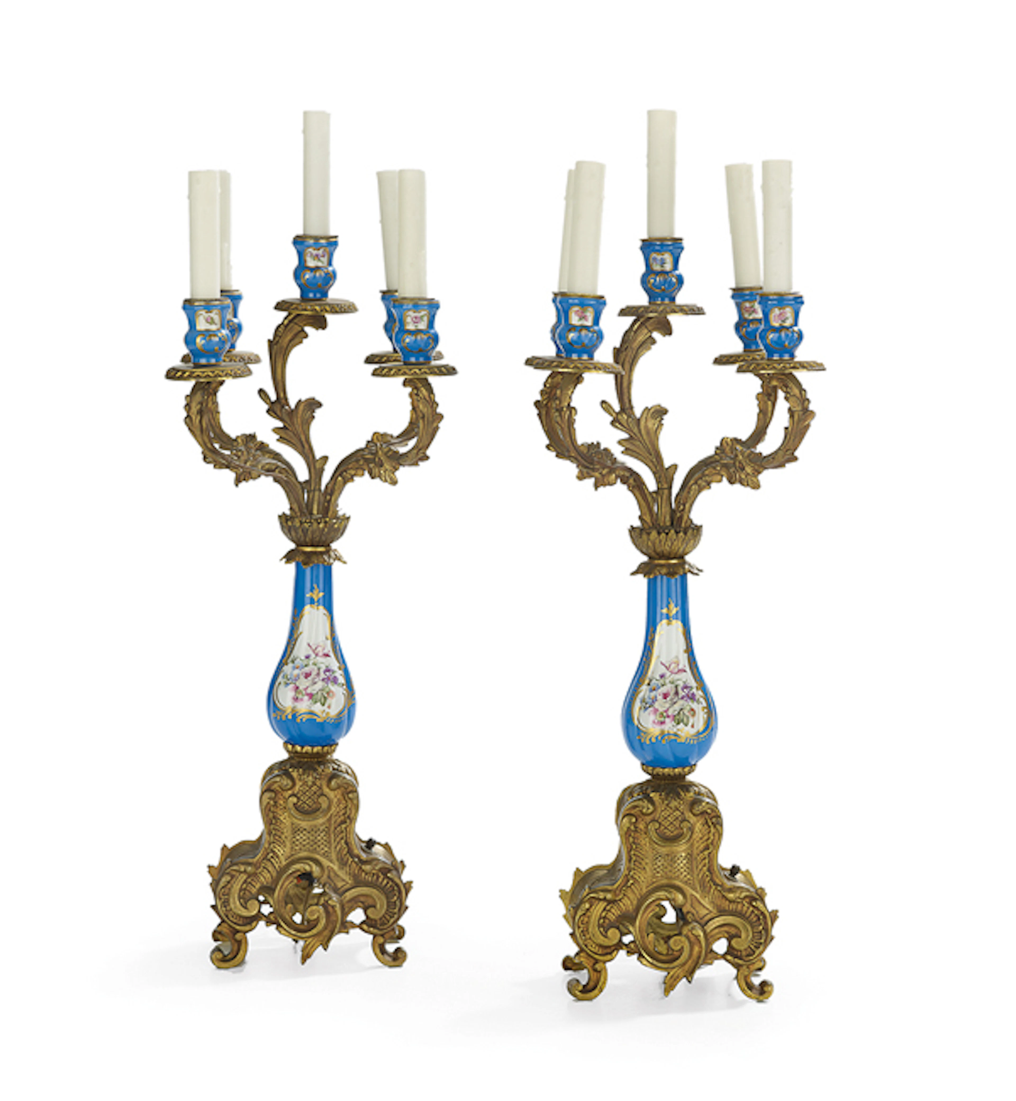 Pair of Gilt-Bronze and Porcelain Candelabra