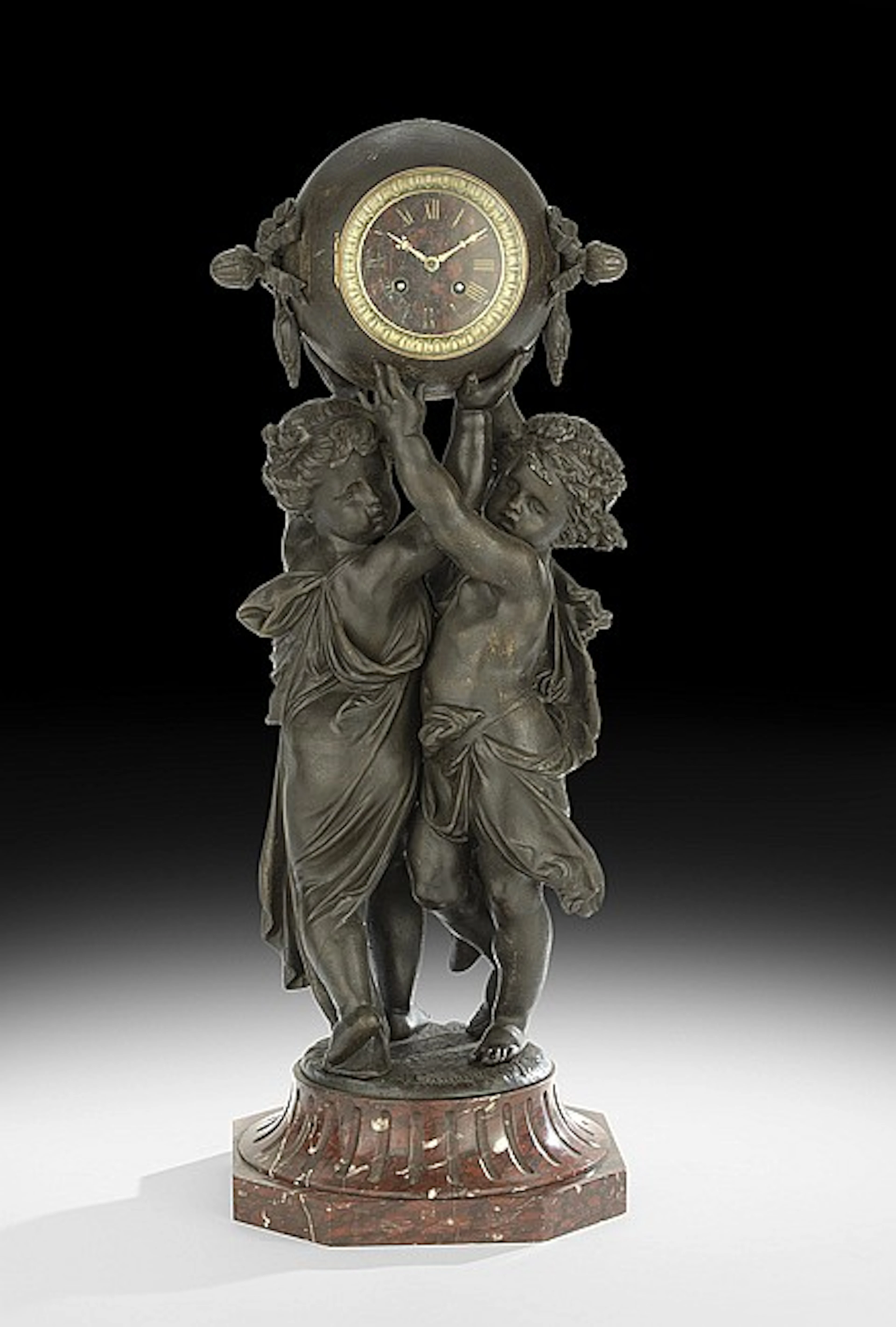 French Belle Epoque Figural Metal & Marble Clock