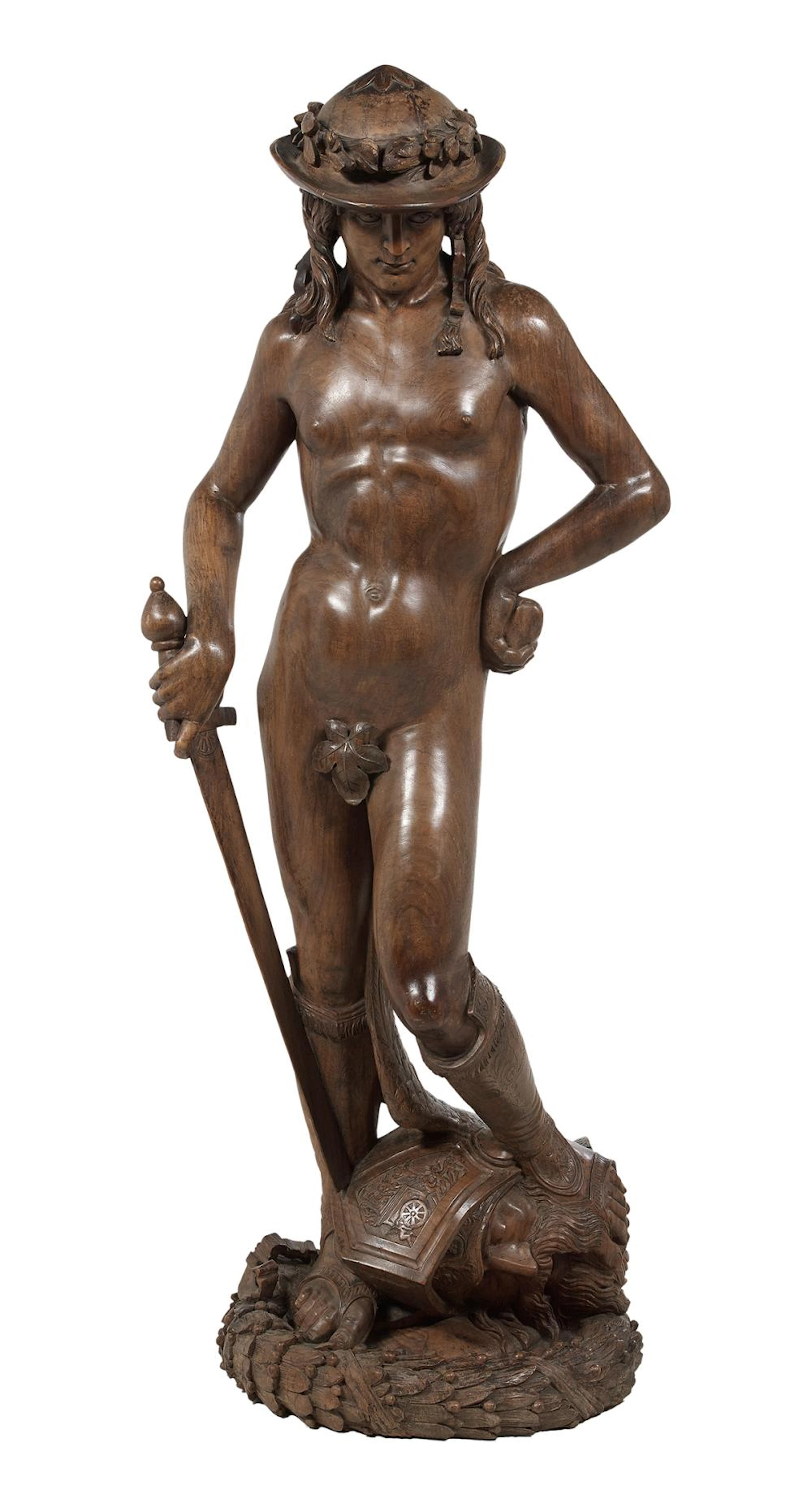Exceptional French Carved Walnut Sculpture of David