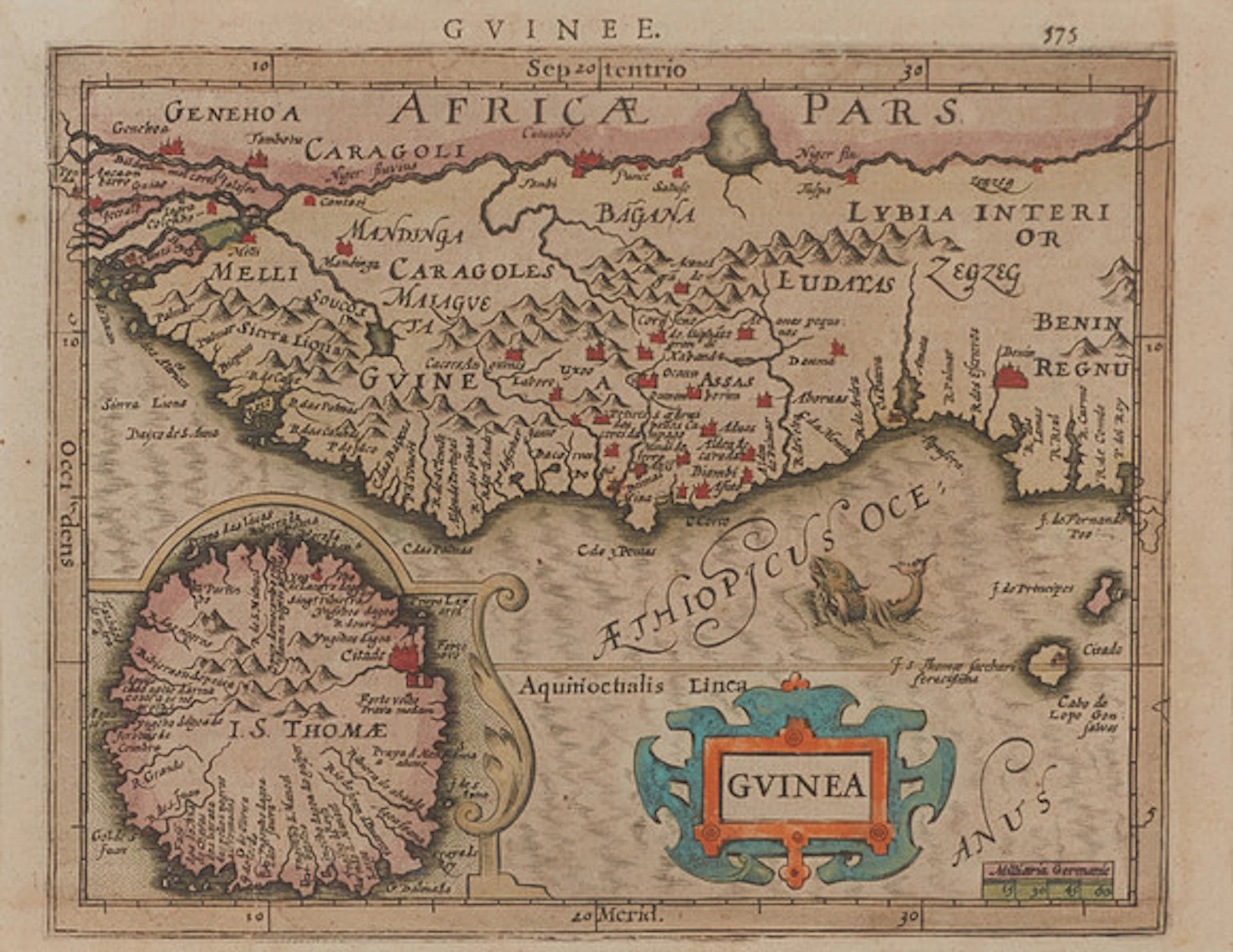 Minature map of Guinea by Mercator-Hondius.