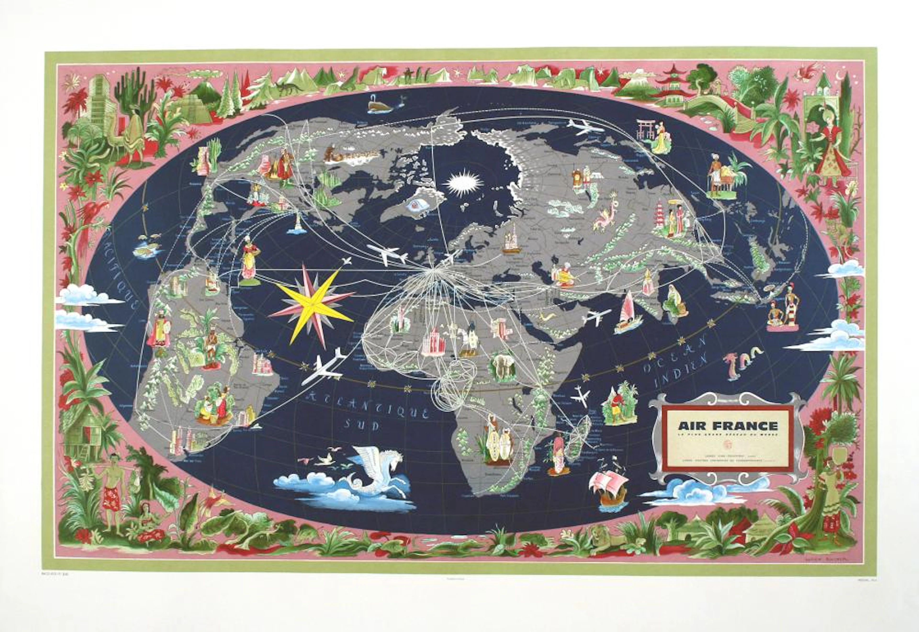 Original Air France Planishere Poster Map 1959 by Lucien Boucher